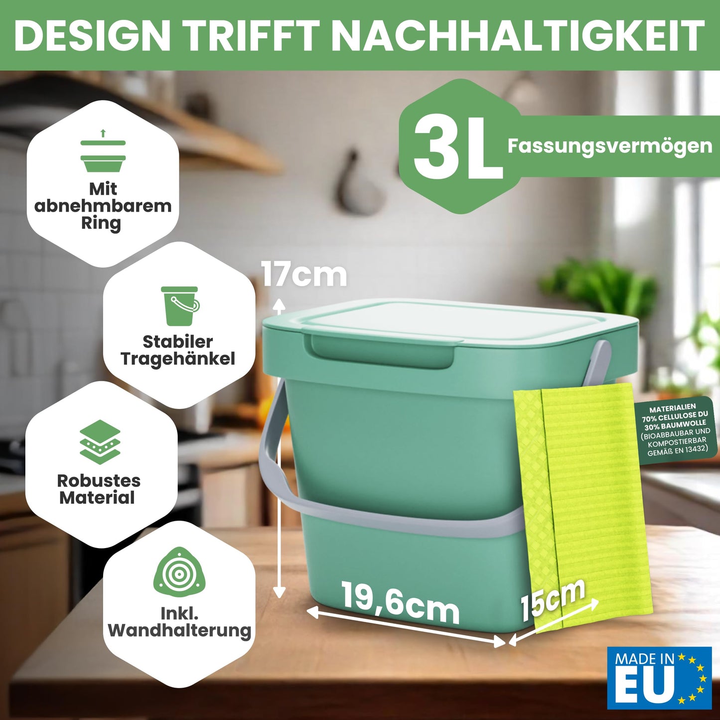 Fabigreen Biomülleimer Küche 3L inkl. Schwammtuch (2er Set) - Made in EU - Komposteimer Küche für Biomüll Behälter - geruchsdichter Bio Mülleimer klein mit Deckel Bio Eimer (Grün (3L))