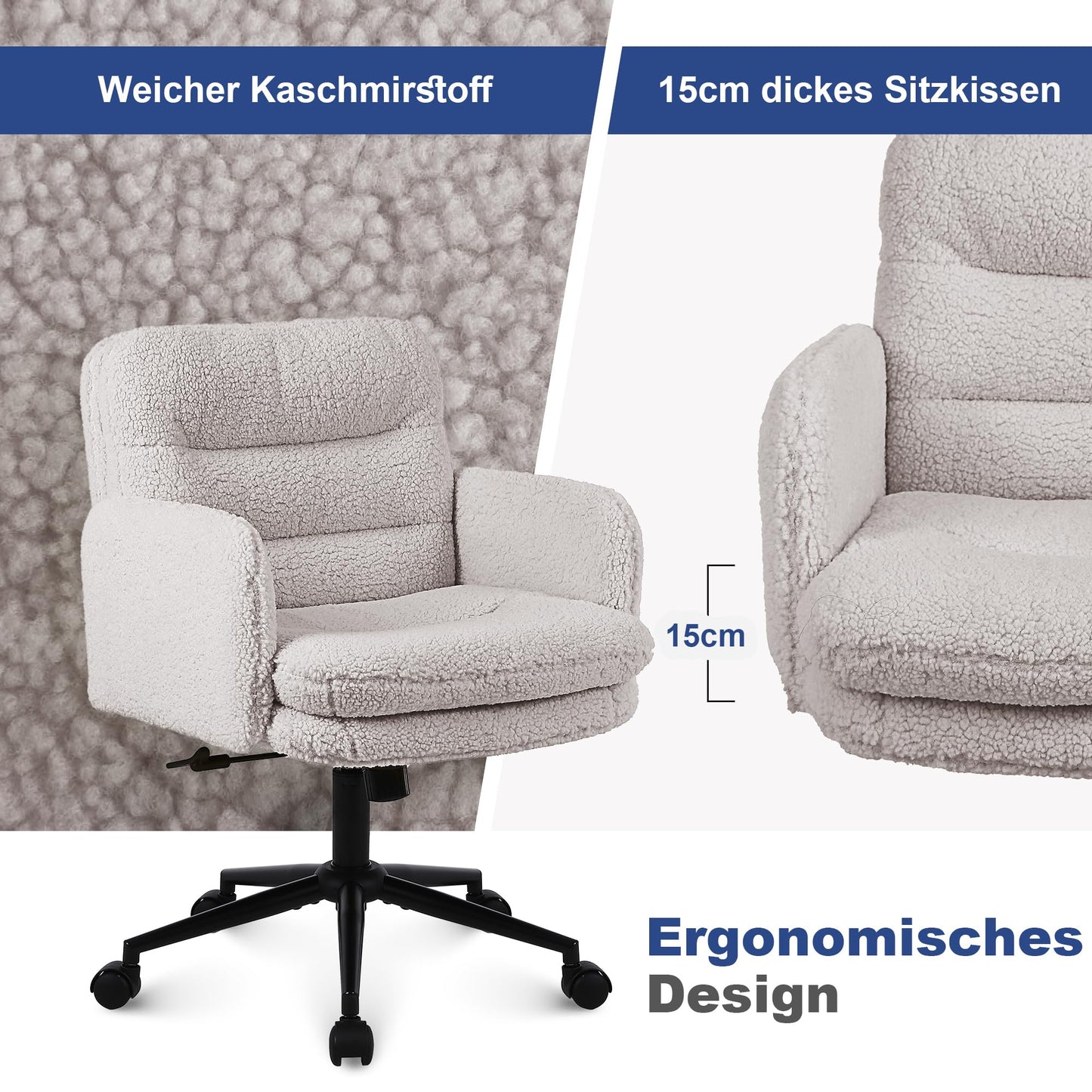 Youhauchair Schreibtischstuhl, Schminktisch Stuhl aus Kunstpelz, Bequemer Drehstuhl Schreibtisch Stuhl, Bürostuhl Ergonomisch mit Verstellbarer Höhe, Creme