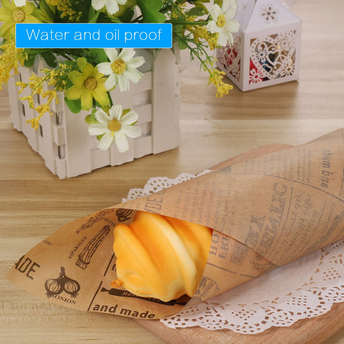 Hejo 100 Blätter Deli Papierblätter, Pommes Papier für Korb, Umweltfreundliches Backpapier, Burger Papier, Wrap Papier für Burger, Butterbrot, Käse, Pommes (25x25cm)