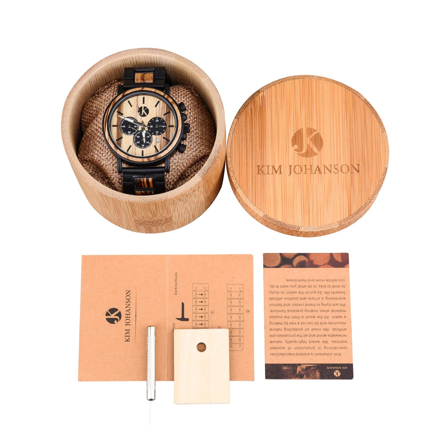 Kim Johanson Herren Holz-Edelstahl Armbanduhr *Military* in Hellbraun Chronograph mit Stoppuhr & einem Gliederarmband Handgefertigt Quarz Analog Uhr inkl. Geschenkbox