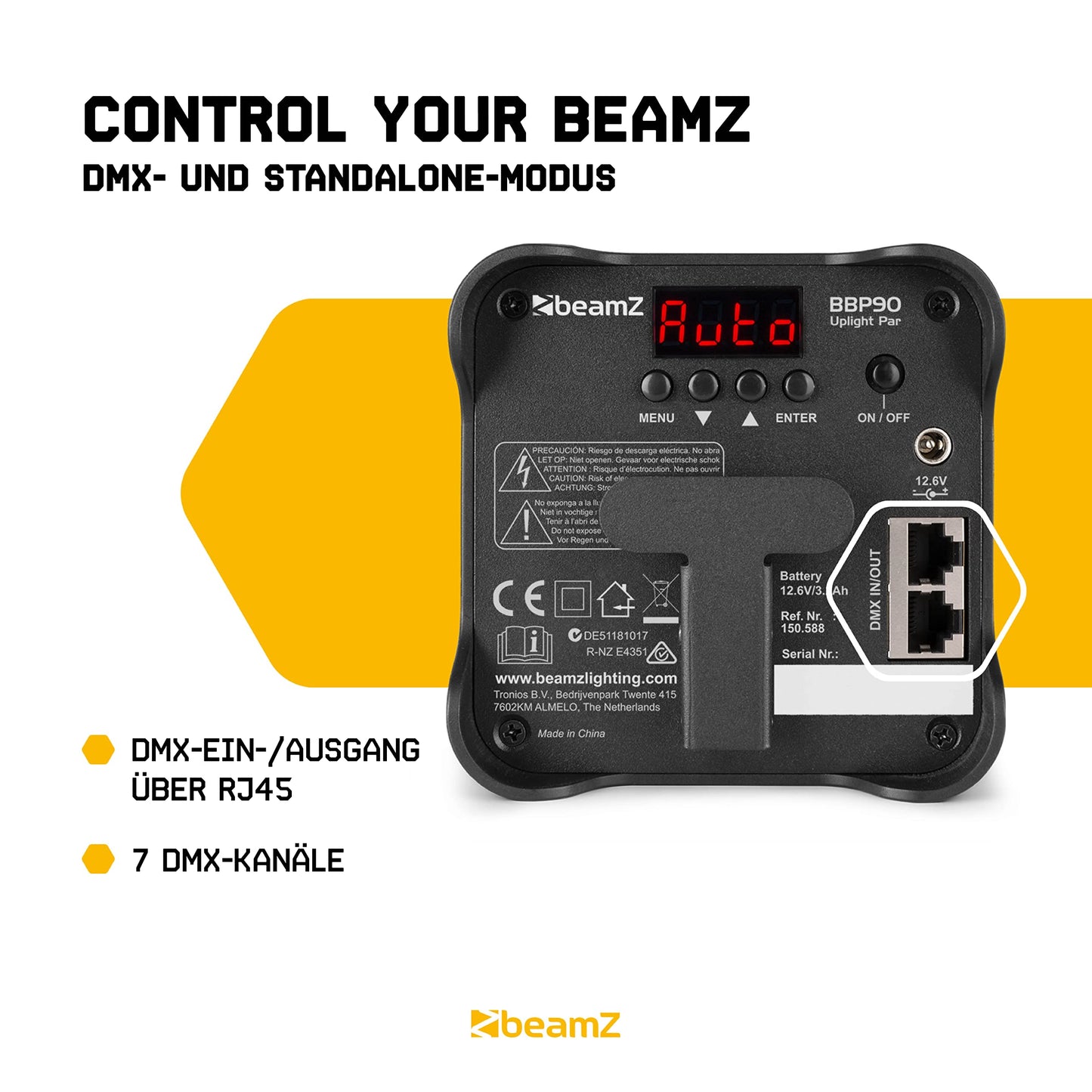 Beamz BBP90 Uplight LED Par Strahler 4x 4 Watt, Bühnenbeleuchtung 4er Set für DJ Pult, Bühnenlicht, DMX-LAN, Partylicht Musikgesteuert, Bühnenequipment, mit Fernbedienung