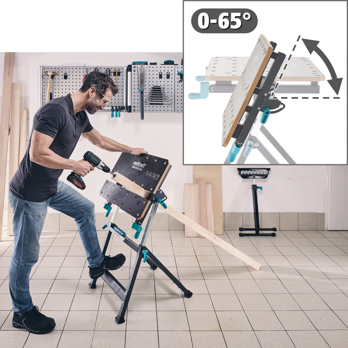 wolfcraft Spann- und Arbeitstisch Master 650 Ergo - 6870000 - stufenlos höhenverstellbar - zusätzliches Einlegebrett zum Erweitern der Arbeitsfläche - mobil einsetzbar - Made in Europe