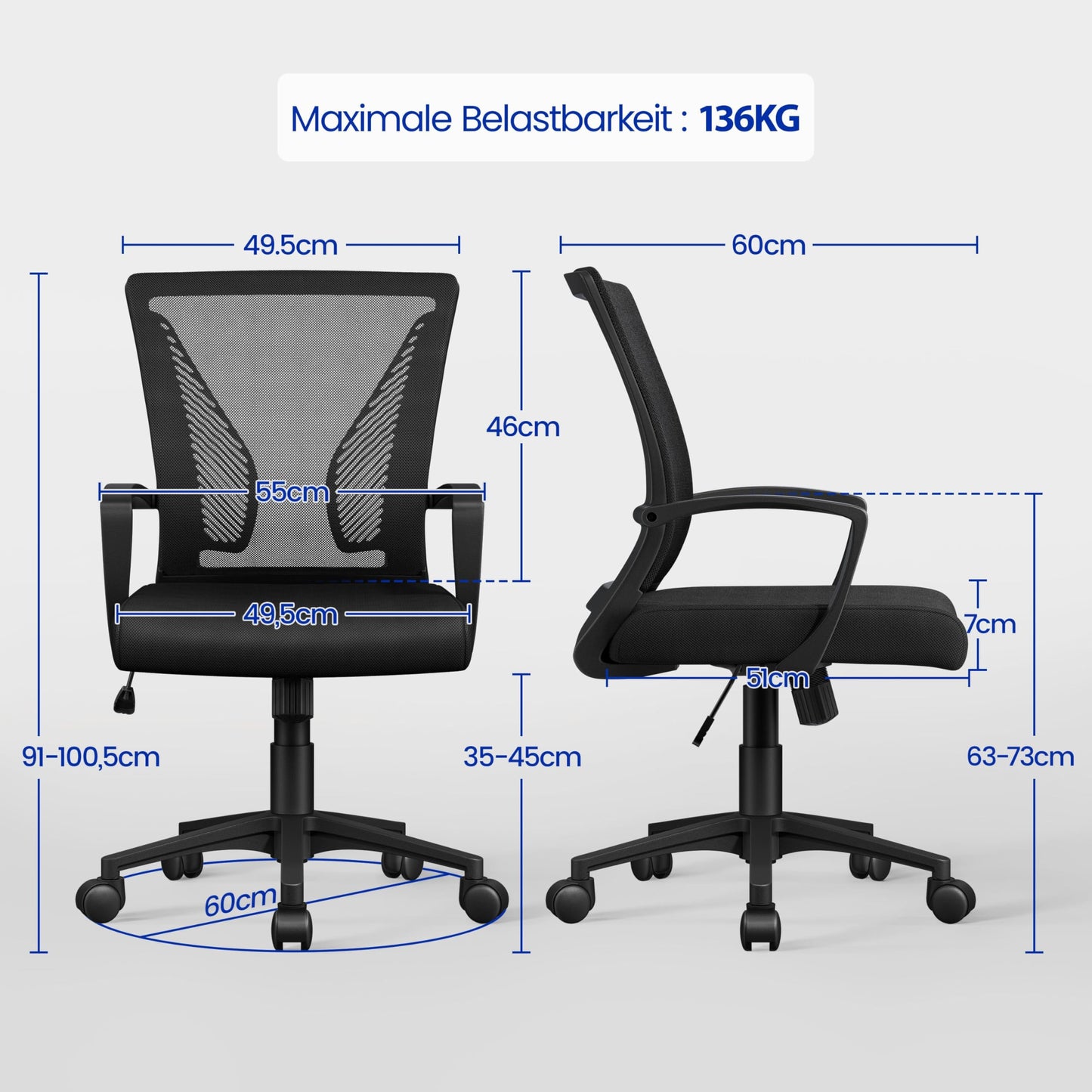 Yaheetech Bürostuhl Ergonomisch, Schreibtischstuhl mit Netzbespannung, Arbeitsstuhl mit Armlehnen, Chefsessel aus Mesh, höhenverstellbarer Computerstuhl 136 kg, atmungsaktiv, Wippfunktion Schwarz