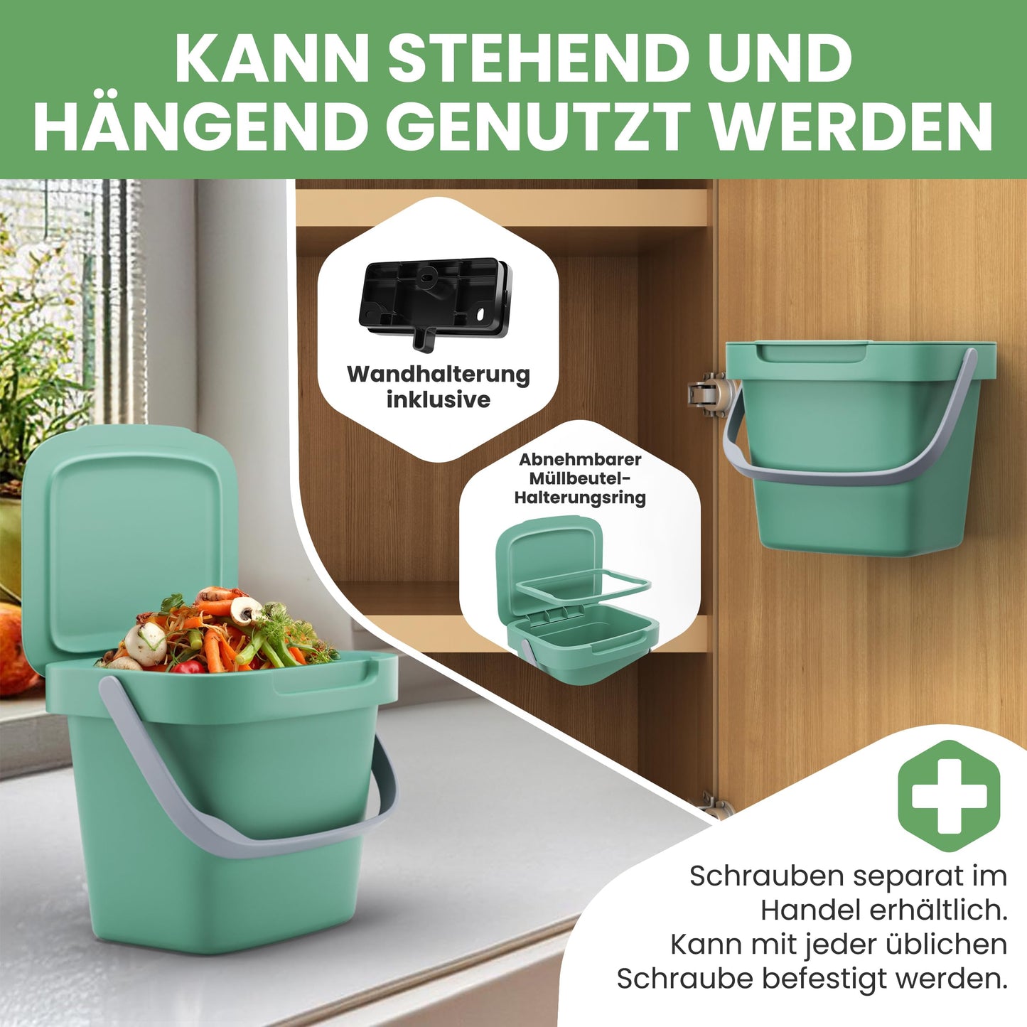 Fabigreen Biomülleimer Küche 3L inkl. Schwammtuch (2er Set) - Made in EU - Komposteimer Küche für Biomüll Behälter - geruchsdichter Bio Mülleimer klein mit Deckel Bio Eimer (Grün (3L))