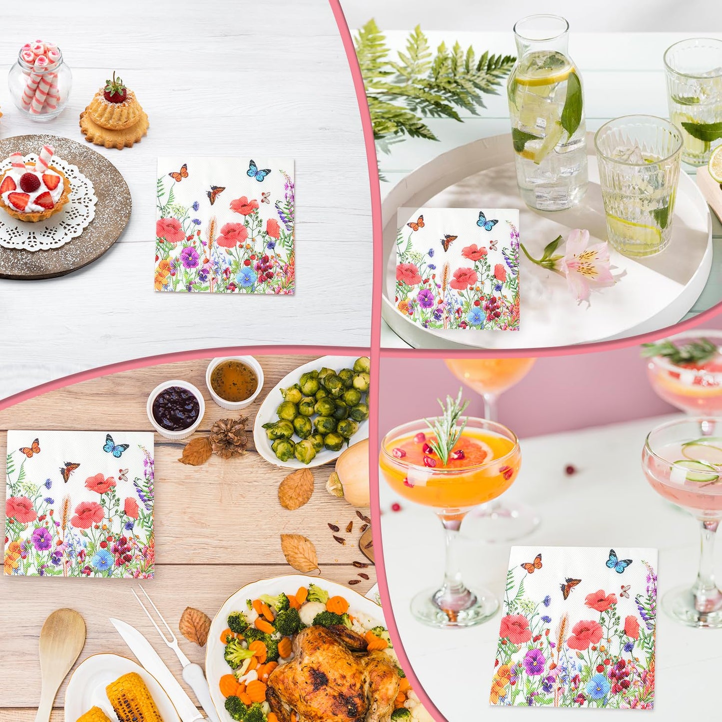 100 Stück Papierservietten mit Blumen Servietten Blumenwiese Schmetterlinge Servietten Blumenmuster für Frühling Geburtstage Partys Hochzeiten Feiern 33x33cm