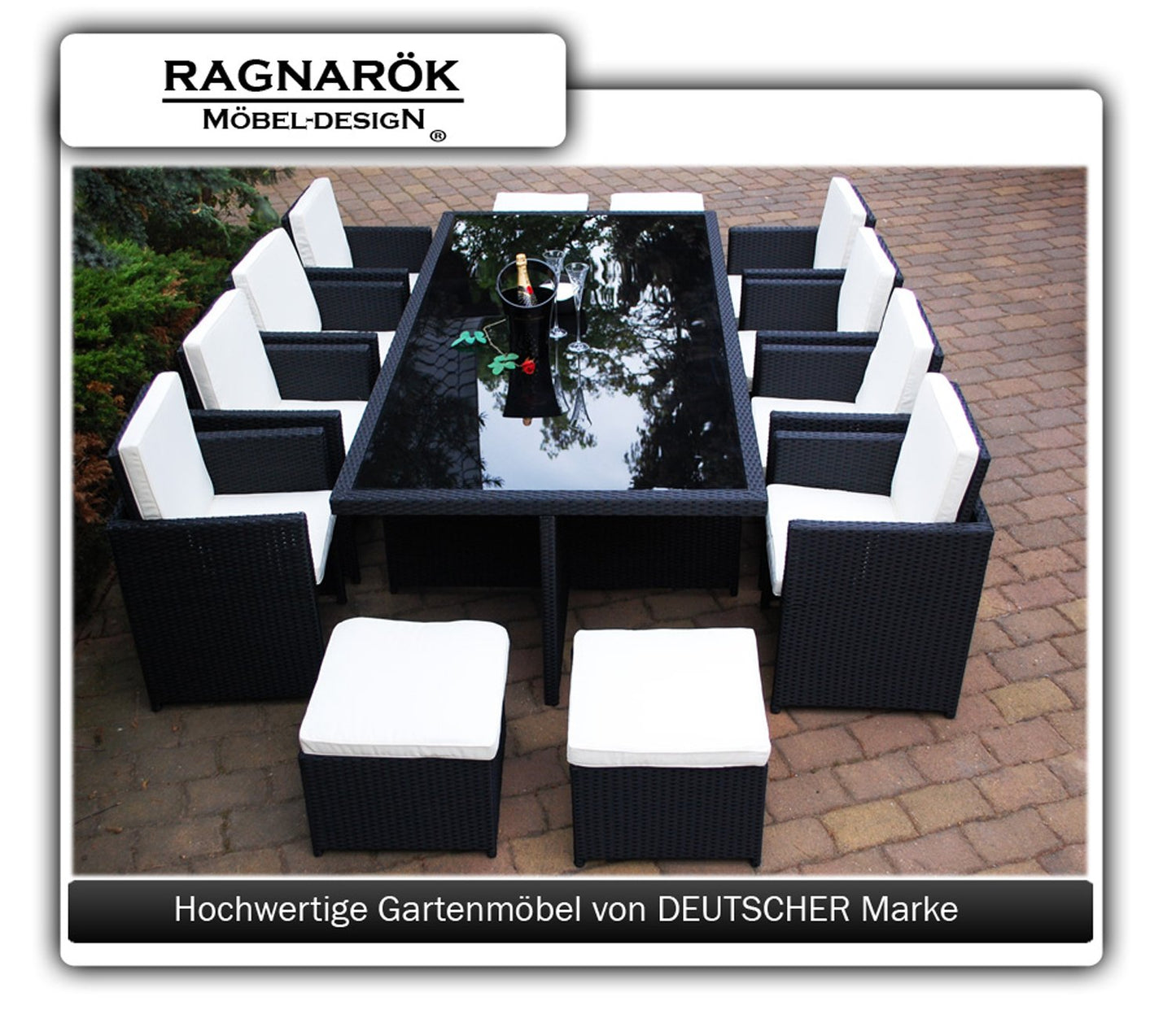Ragnarök-Möbeldesign Wieland Premium PolyRattan Essgruppe - Deutscher Hersteller - 8 Jahre GARANTIE - Tisch Stuhl Hocker schwarz Aluminium