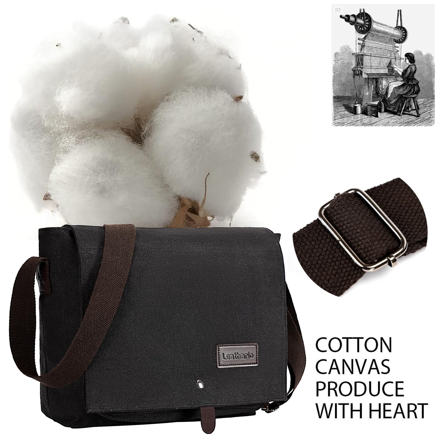 Leathario Umhängetasche Herren，Messenger Bag aus Canvas，Aktentsche Studententasche Laptoptasche 14 Zoll，Schultertasche Kuriertasche Herrentasche Collegetasche Uni Studenten Schwarz
