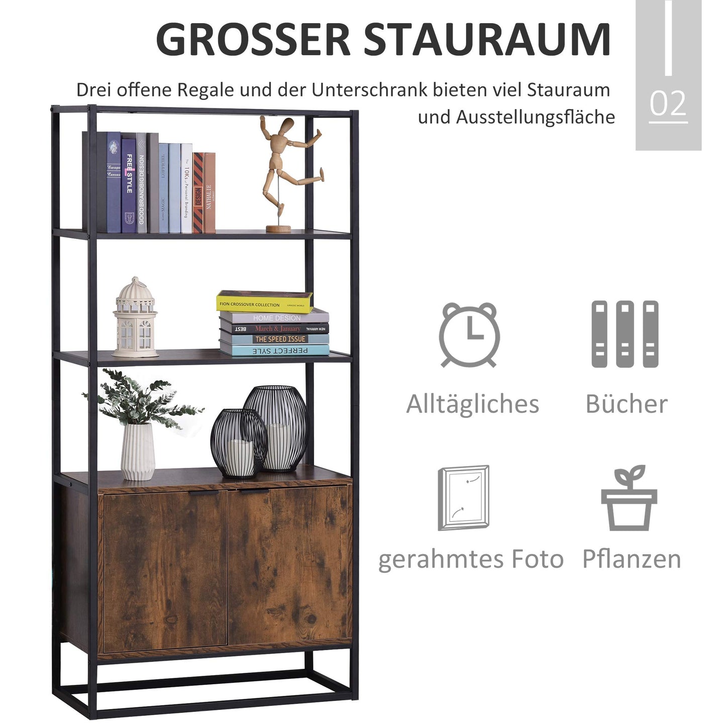 HOMCOM Industrielles Bücherregal mit Schrank, Braun, 76x33x162,5 cm