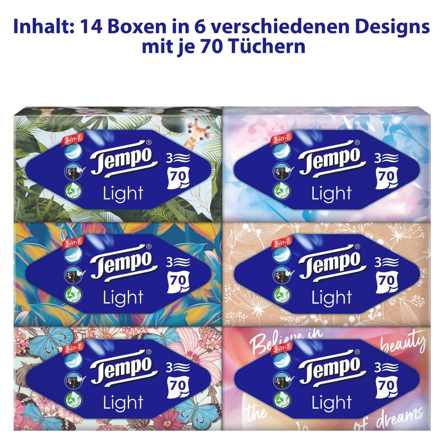 Tempo Light Box Taschentücher - Megapack - 14 Boxen, 70 Tücher pro Box - weiche Papiertaschentücher, waschmaschinenfest