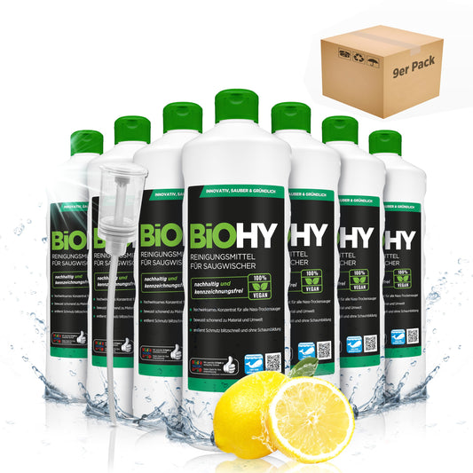 BiOHY Reinigungsmittel für Saugwischer mit Frischeduft (9 x 1 Liter) + Dosierer | 1:200 Konzentrat für alle Nass-Trockensauger | ideal für Fliesen, PVC, Parkett, Laminat & Teppich | streifenfreier