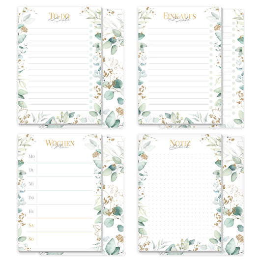 paper&you® 4 Blöcke DIN A6: To-do Listen Block, Einkaufsliste, Wochenplaner & Notizblock "Blattgold" 4 x 50 Seiten - nachhaltig & klimafreundlich