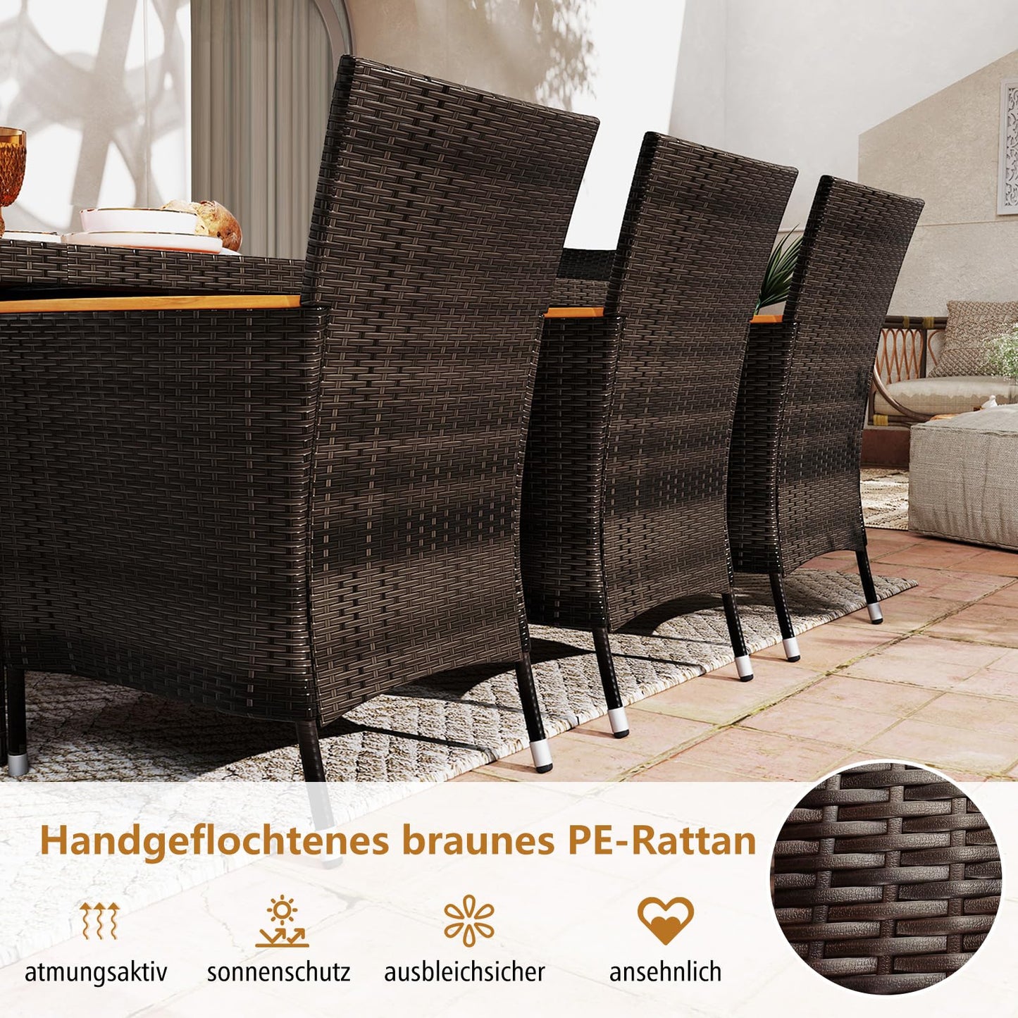 COSTWAY 9 TLG. Rattan Gartenmöbel Set, Sitzgruppe für 8 Personen, Gartentisch mit Tischplatte aus Akazienholz, 8 stapelbare Stühle & Kissen, Terrassenmöbel Set, Sitzgarnitur, Gartengarnitur, Essgruppe