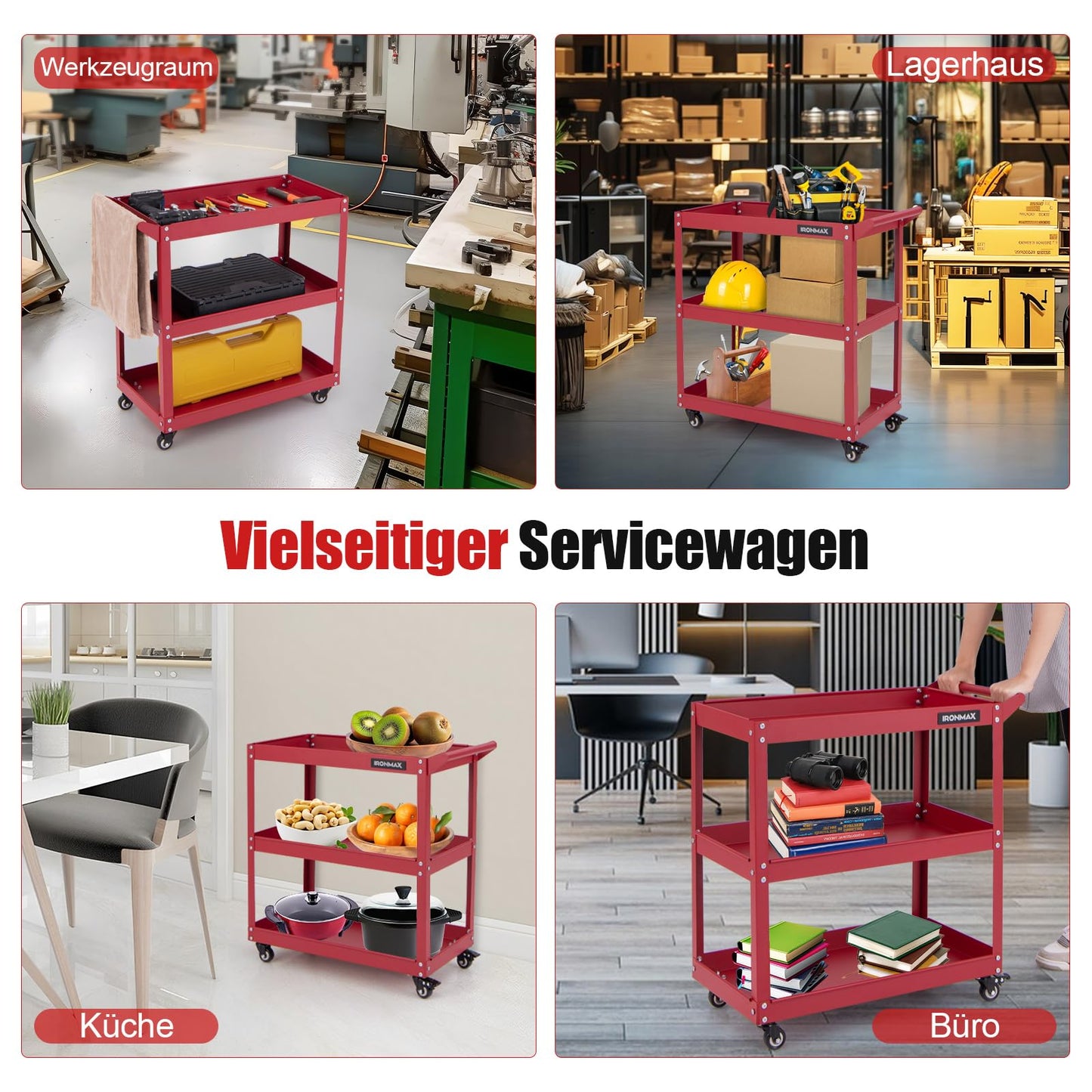 COSTWAY Werkstatt-Rollwagen mit 2 Etagen, Werkzeugwagen mit Handgriff, Werkstattwagen aus Metall, bis zu 100 kg belastbar, Montagewagen Etagenwagen für Zuhause, Garage, 85 x 41 x 79 cm (Rot)