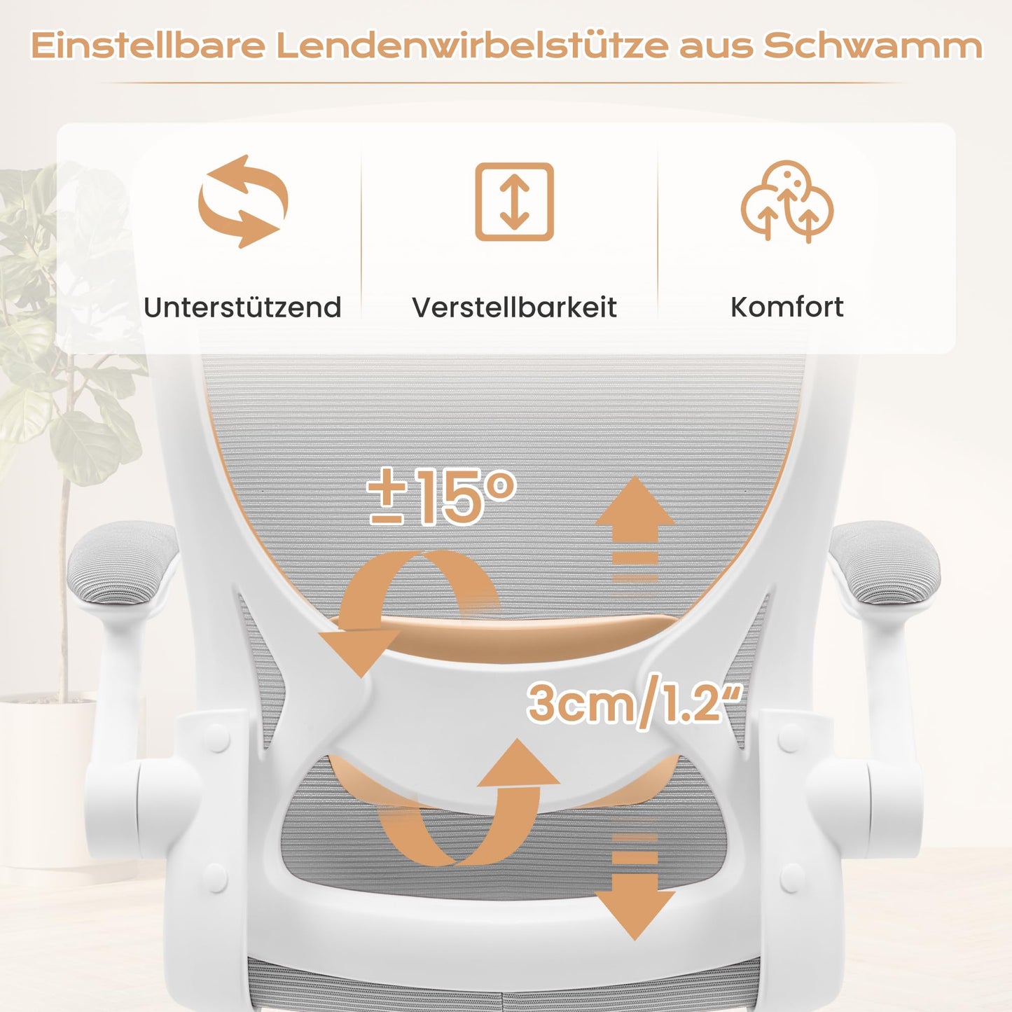 KERDOM Ergonomischer Bürostuhl mit klappbaren Armlehnen – atmungsaktives Netz, Lendenstütze, Schwarz