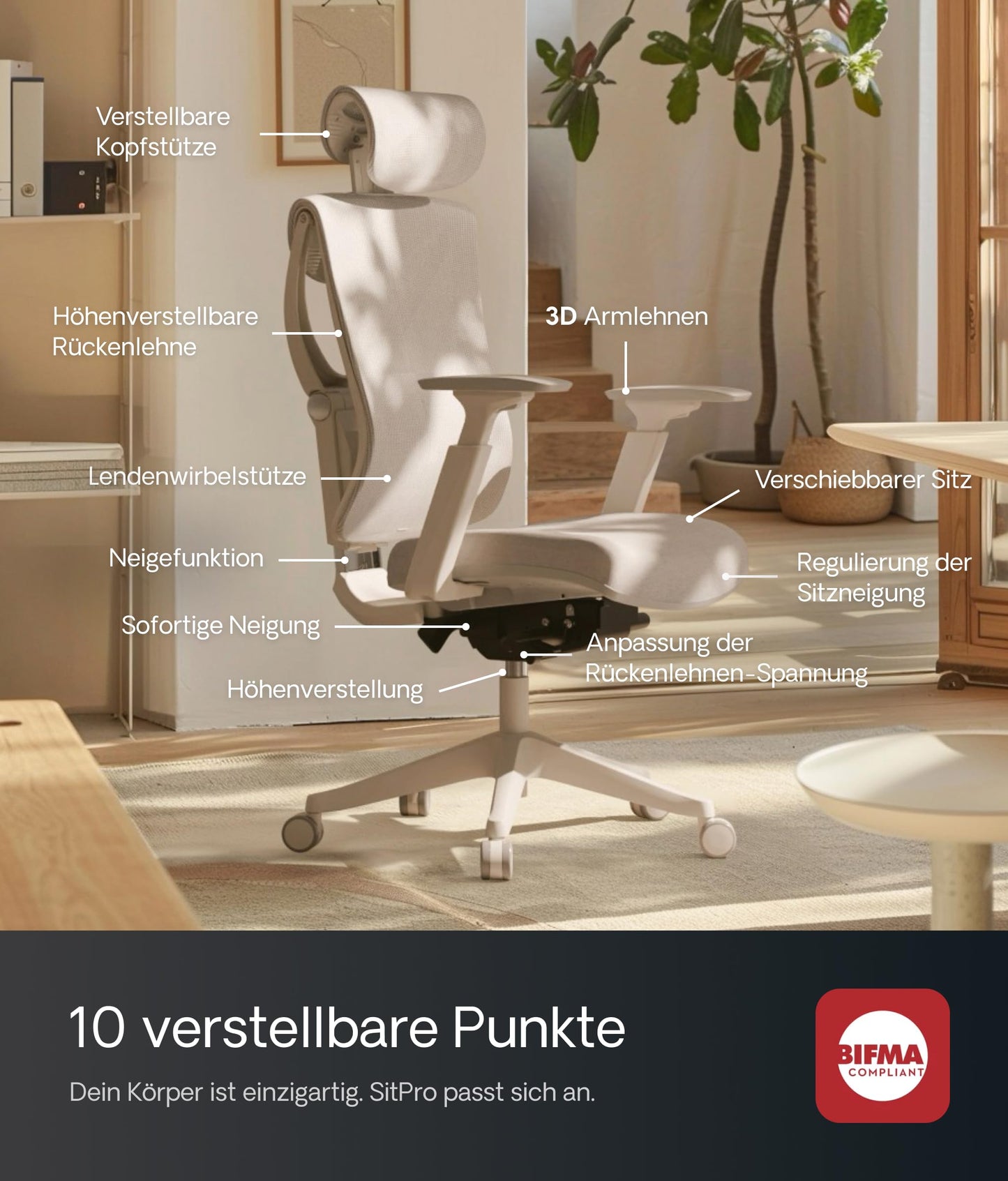Desktronic Verstellbarer ergonomischer Bürostuhl | Schreibtischstuhl mit Lendenwirbelstütze - rückenfreundlich- Computerstuhl höhenverstellbar & rückenschonend - breites Polster SitPro (Grau)