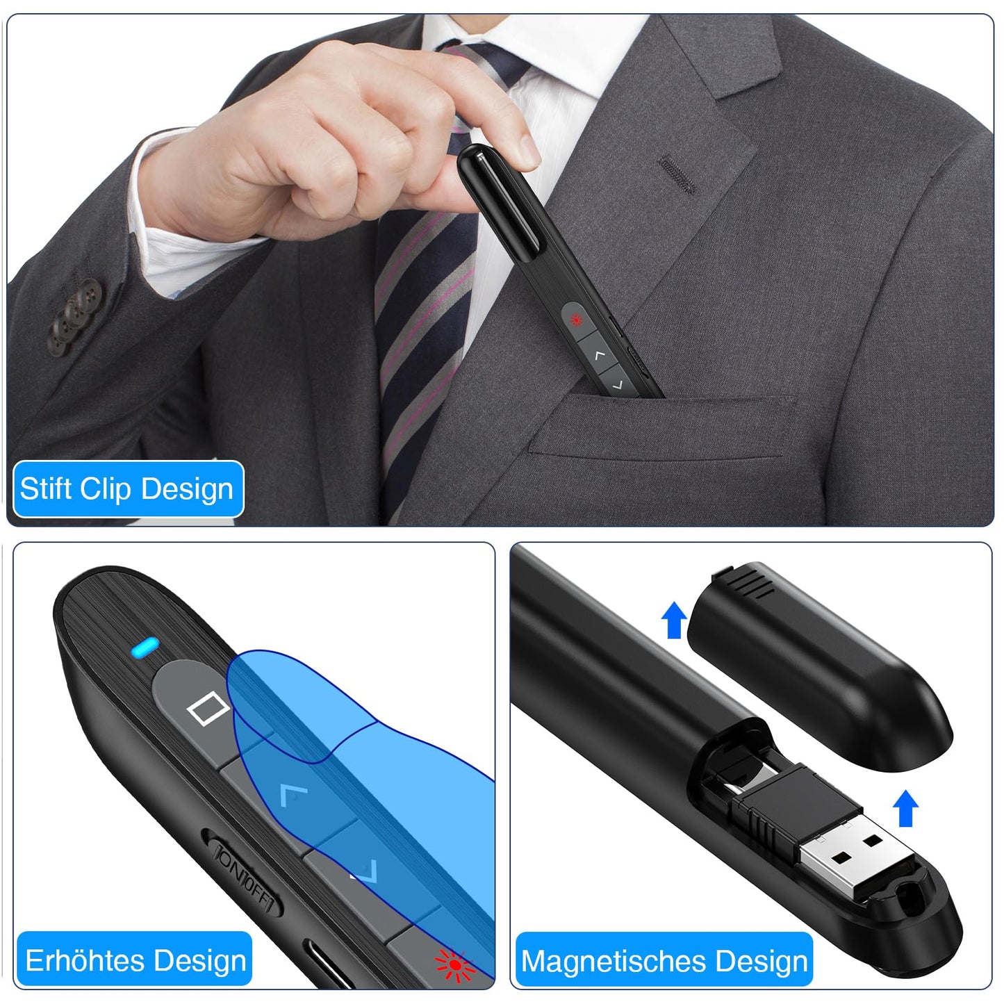 Wiederaufladbare USB C Presenter, 2.4 GHz Kabellose Roter Laserpointer, Hyperlink, Switch Windows, Lautstärkeregelung, 2 Wochen Spieldauer, Batterieanzeige, Präsentation für Windows 7/10/11, Macbook