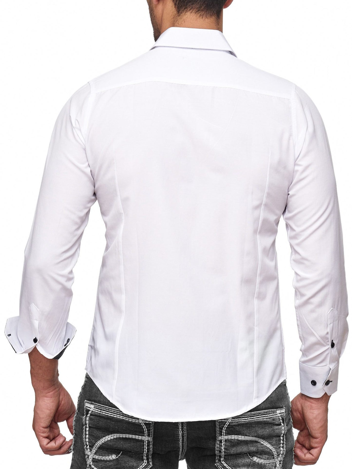 Baxboy Herren-Hemd Slim-Fit Bügelleicht Für Anzug, Business, Hochzeit, Freizeit - Langarm Hemden für Männer Langarmhemd R-44, Farbe:Weiss/Schwarz, Größe:L