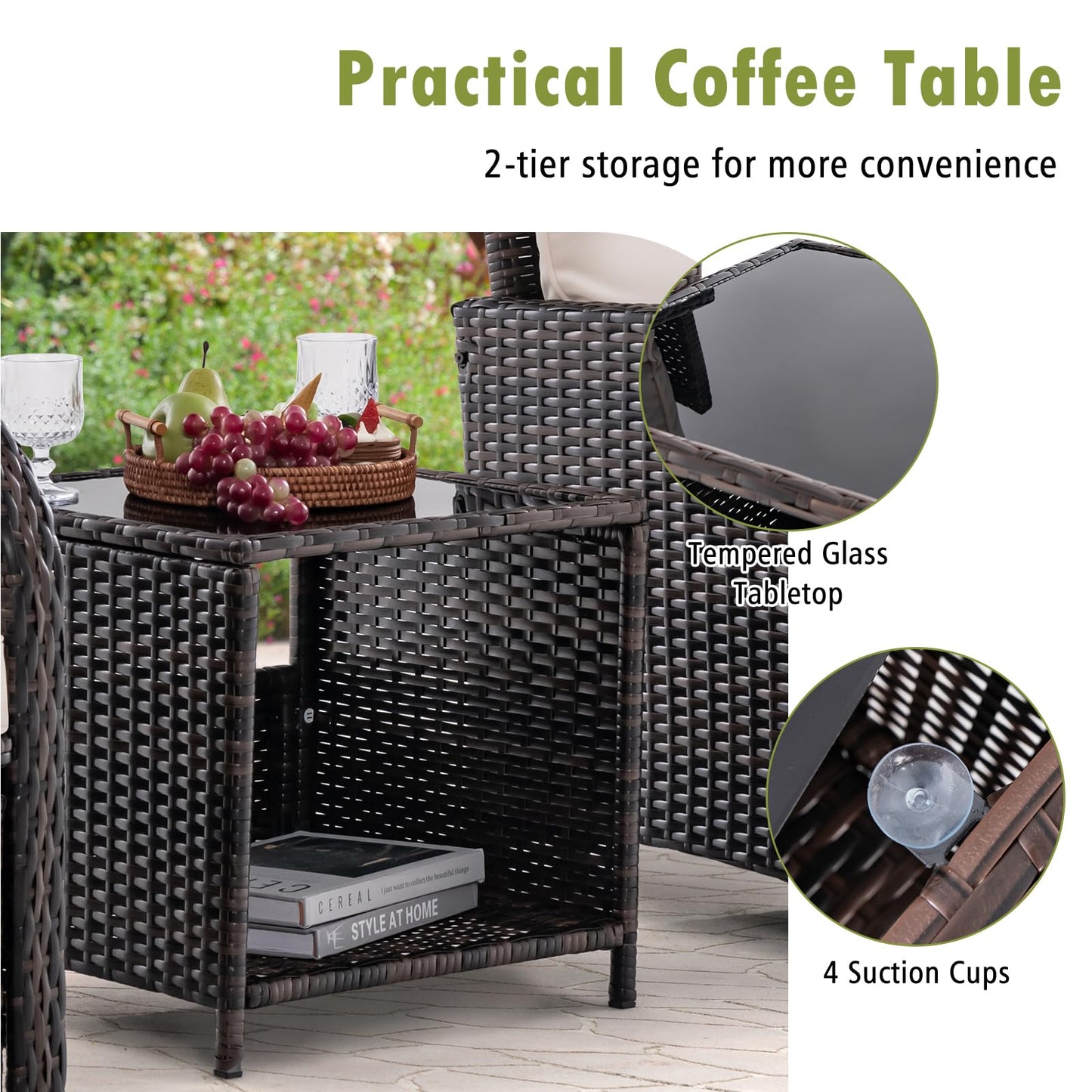GIANTEX 5er Rattan Gartenmöbel Set, Balkonmöbel Kleiner Balkon, Balkonset 2 Rattansessel mit Hocker, Gartenlounge Set Terrassenmöbel mit Tisch, Gartengarnitur Möbelsets Outdoor Sitzgruppe 5 teilig