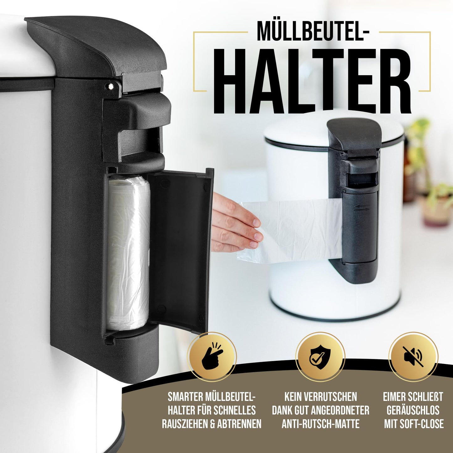 STESSMER Bad Mülleimer [5L] Geruchsdichter kleiner Kosmetikmülleimer fürs Badezimmer | Kosmetik-Badmülleimer, Abfalleimer, Kosmetikeimer, Badeimer, Treteimer, Trash Can | Edelstahl, Schwarz matt