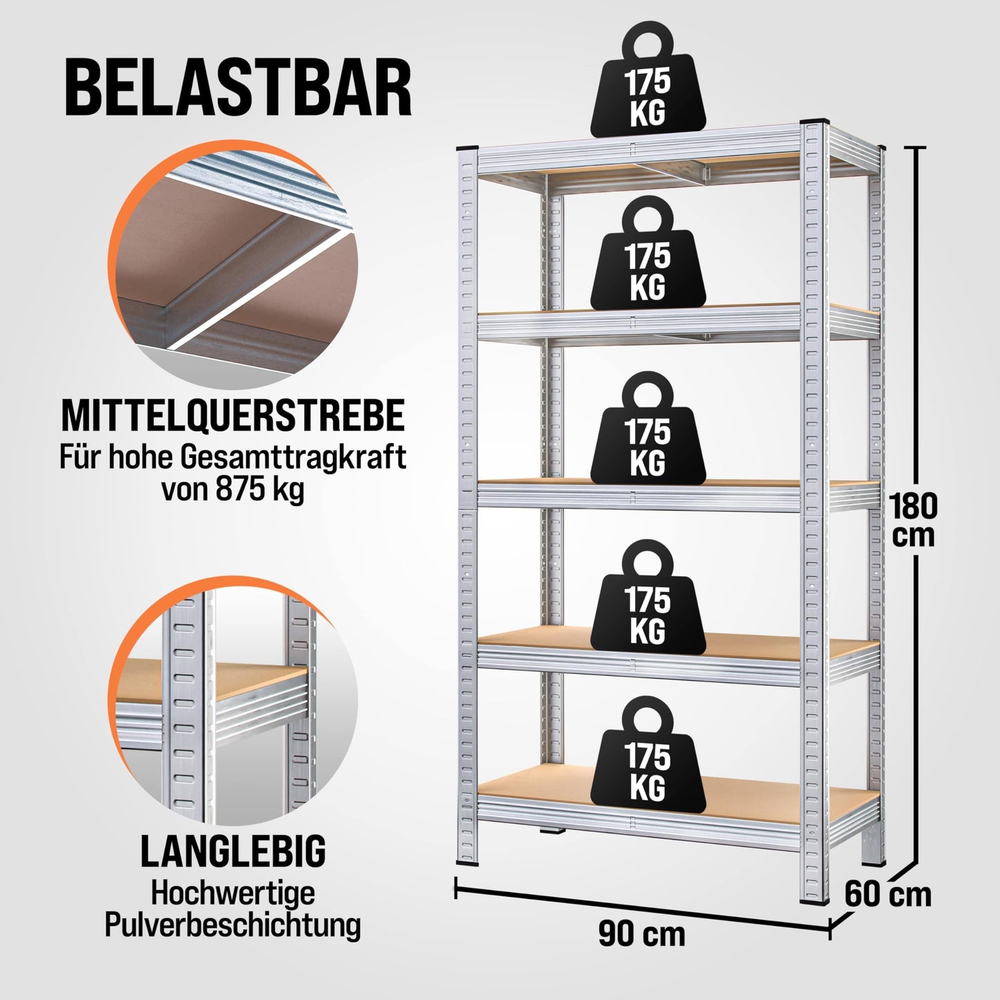 Monzana® 2X Schwerlastregal 180x90x40cm Befestigungsmaterial 1750kg 10 MDF-Platten Kellerregal Lagerregal Steckregal Metallregal Werkstattregal Silber