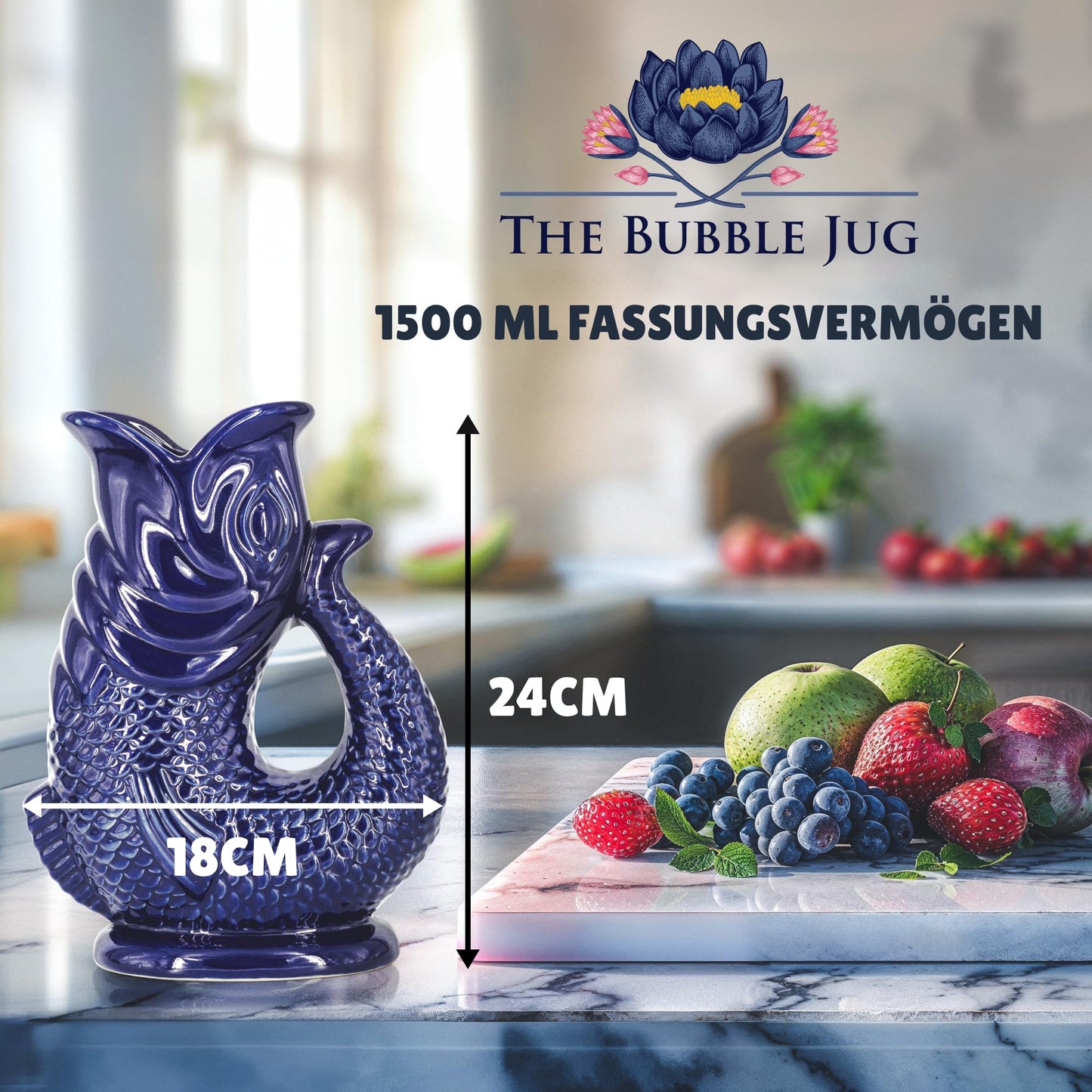 Bubble Jug Wasserkaraffe Keramikkrug in Fischform - 1,5 L, Enteneiblau - Fisch Karaffe mit Gluckergeräusche für lustiges ausgießen von Wasser, Wein & mehr - Bubble Jug Karaffe Fisch - Fischkrug