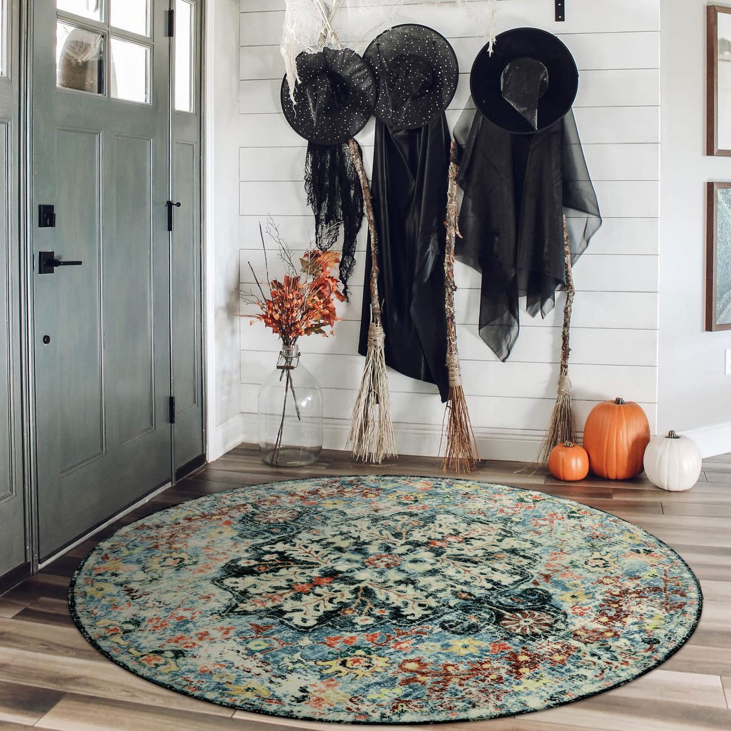 Lahome Runder Teppich mit böhmischen Blumen-Medaillon-Motiven, 122 cm, runder Teppich, weich, Badezimmermatte, türkisisch, rutschfest, maschinenwaschbar, für den Innenbereich, Küche, Couchtisch