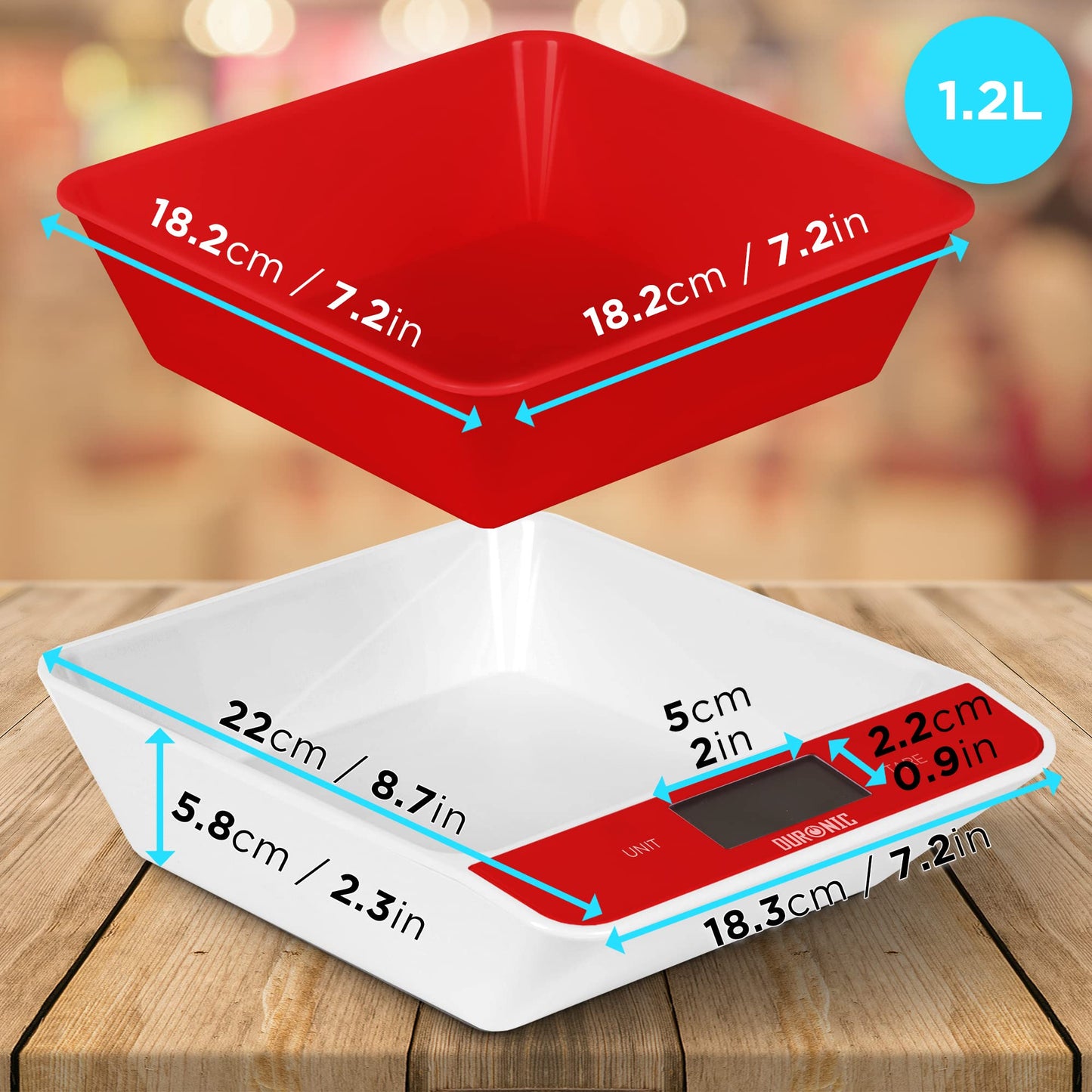 Duronic KS100 RD Küchenwaage | 5 kg Digitalwaage mit 1,2 L abnehmbarer Schüssel | 1 g grammgenau Präzision-Feinwaage | Haushaltswaage mit Tara-Funktion | Digitale Waage mit Hold-Funktion | Zum Kochen