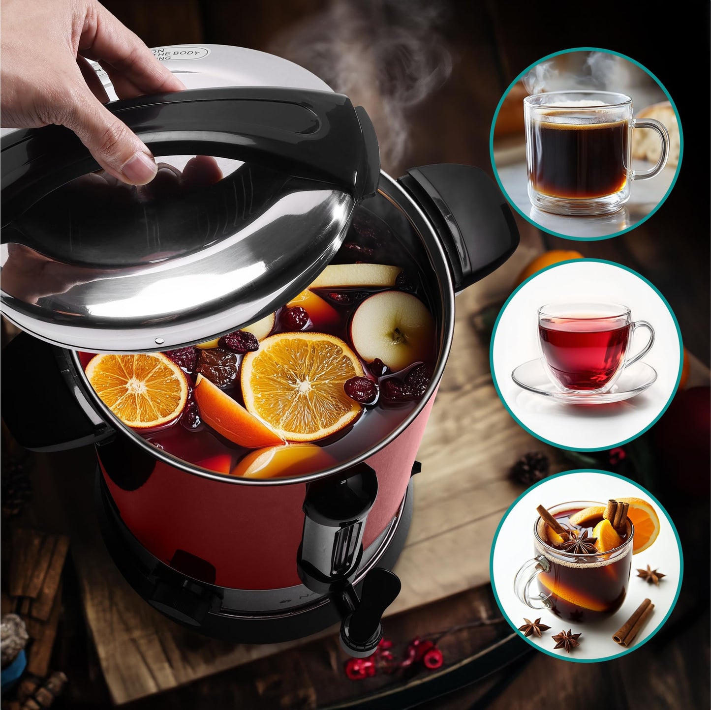 Navaris Elektrischer Glühweinkocher, Rot, 10L Edelstahl Heißwasserspender mit Thermostat, Füllstandsanzeige und Zapfhahn für Punsch und Tee