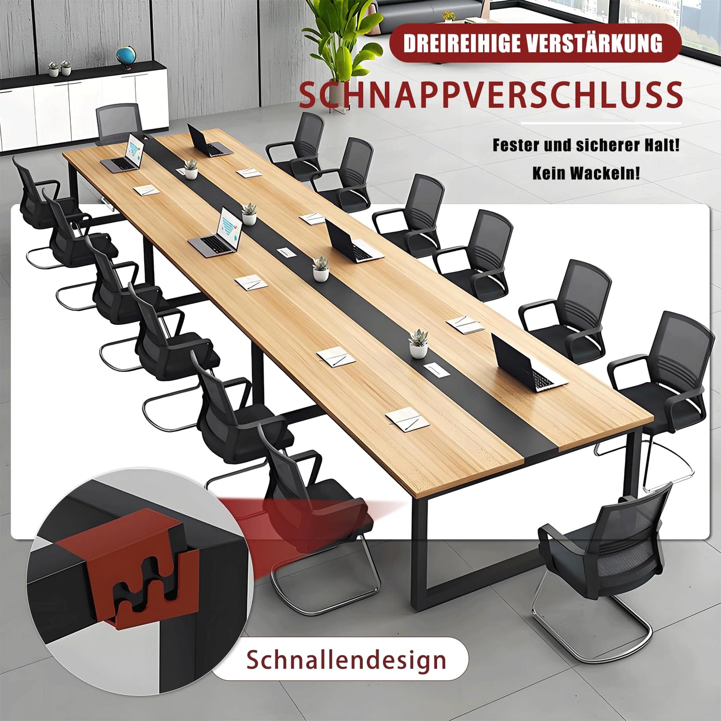 Tazyee Großer Konferenztisch Weiß Schwarz, Moderner Besprechungstisch mit Kabelmanagement und Höhenverstellbaren Füßen für 12 Personen