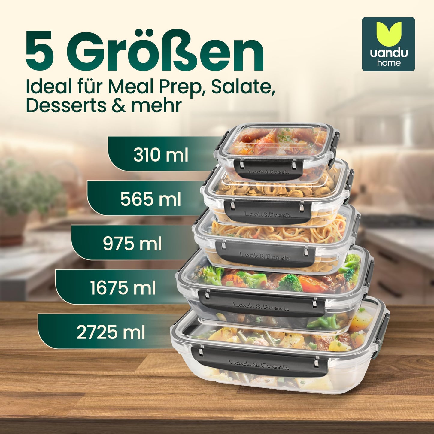 uandu Frischhaltedosen mit Deckel für Lebensmittel, 5er Tupperdosen Set, Vorratsdosen mit Deckel Luftdicht Set, Meal Prep Boxen, Mikrowellengeschirr mit Deckel und Gefriergeeignet, BPA frei Kunststoff