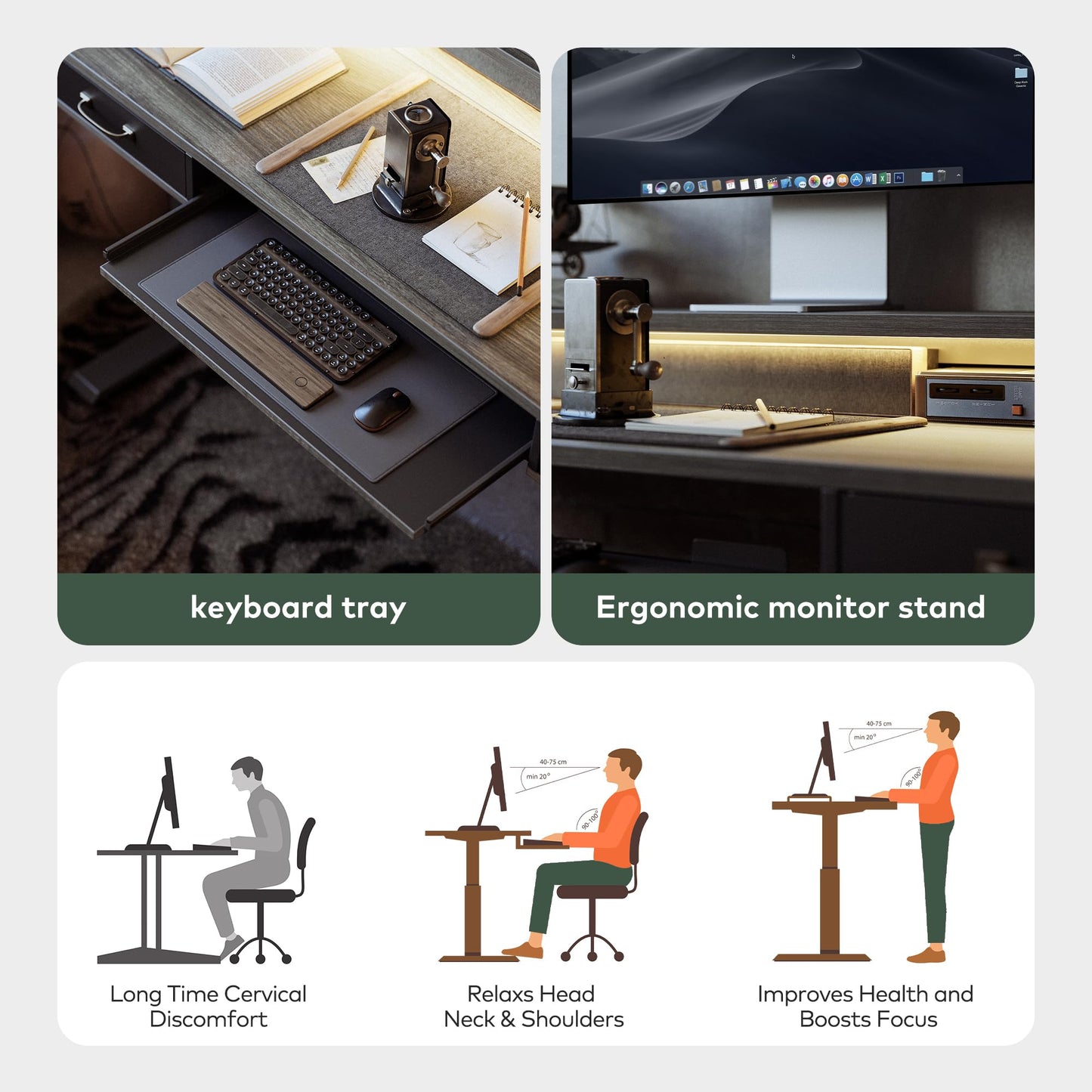 FEZIBO Stehtisch mit 2 Schubladen & Tastaturablage, 140 x 60 cm Sitz-Steh-Schreibtisch mit Monitorständer & LED-Streifen, Rustikal Grau