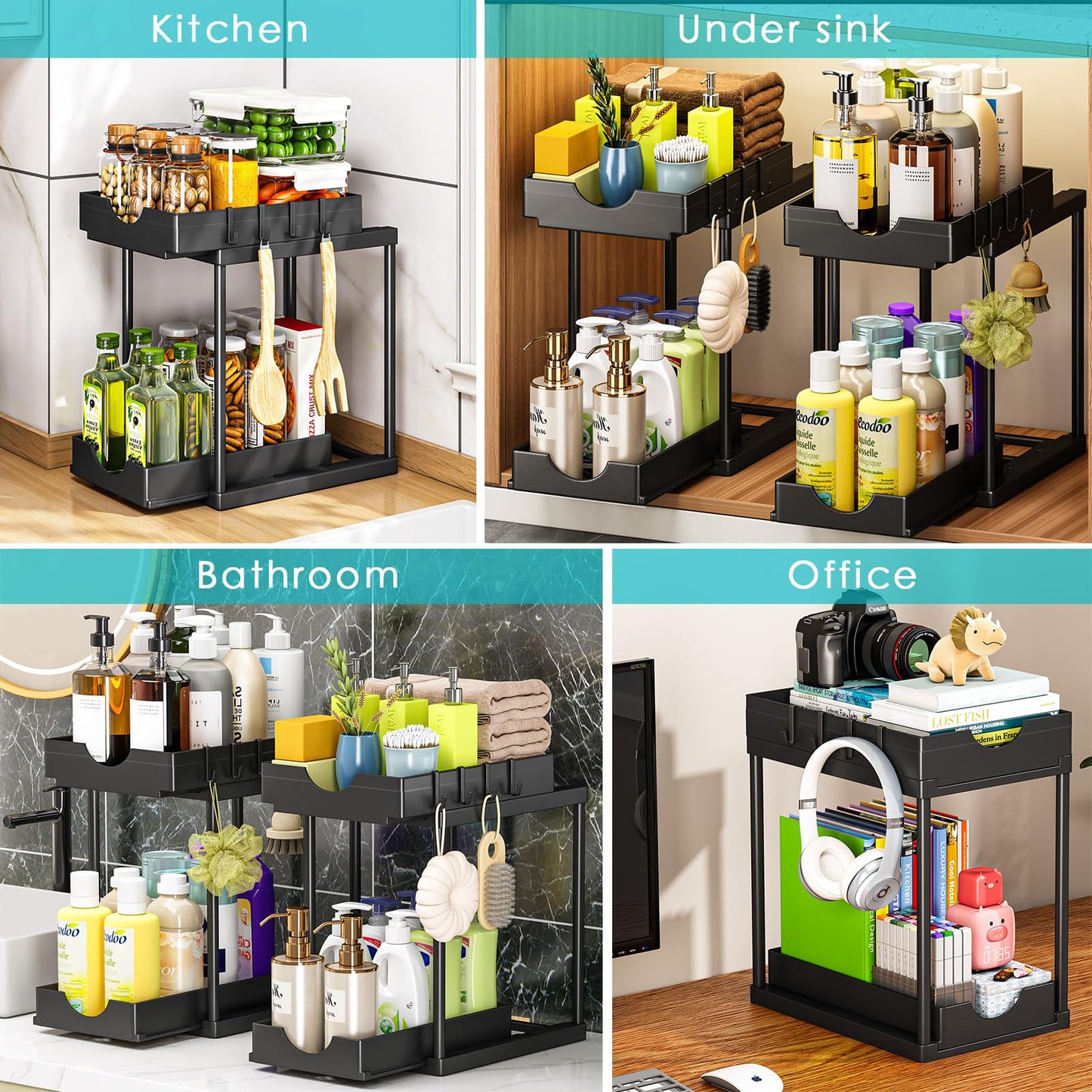 StowBin Küchen Organizer, 2 Pack Unter Waschbecken Regal mit 4 Haken, Spülschrank Organizer, Badezimmer Organizer, Schrank Organizer, Ordnungssystem für Küche