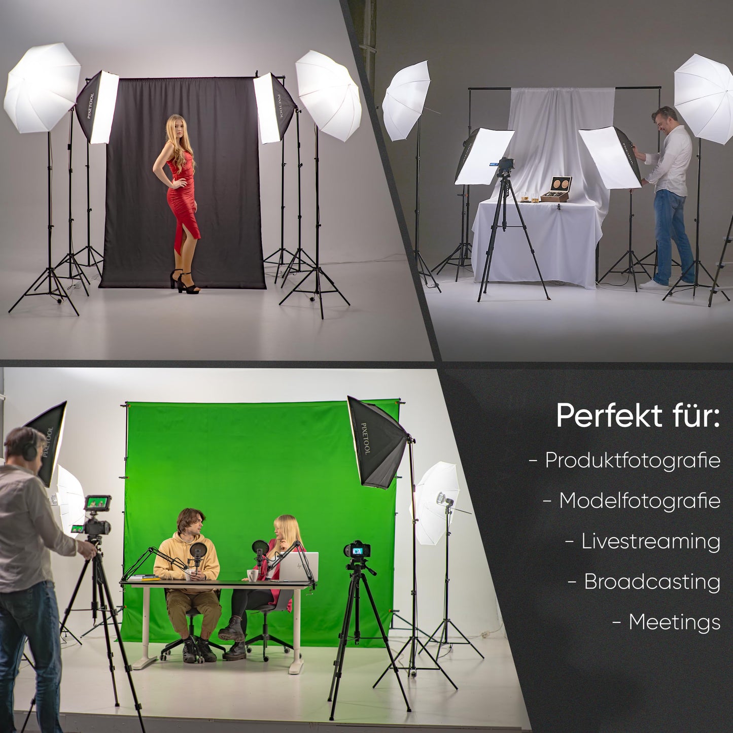 PIXETOOL Fotostudio Set - Greenscreen (3 x 3 m) mit Ständer (0,9 x 2,6 m) - Softbox mit Lampen Set - Green Screen Fotohintergrund - Reflektor - Studiolicht Fotolampe - Streaming Fotografie Zubehör