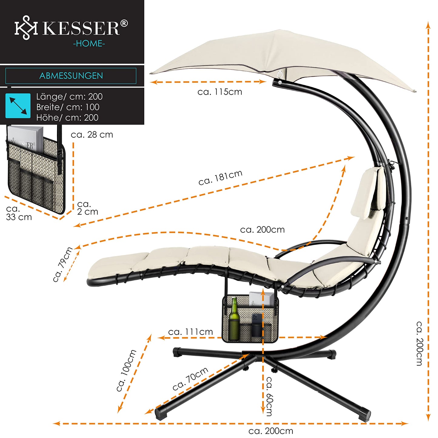 KESSER® Schwebeliege mit Sonnenschirm, Hängeliege, Sonnenliege H200, L194, B100 cm, Relaxliege, Schaukelliege Hängematte, bis 120 kg belastbar, Auflagen - Nackenkissen, Inkl. Tasche