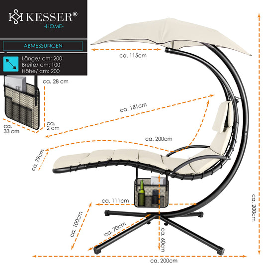 KESSER® Schwebeliege mit Sonnenschirm, Hängeliege, Sonnenliege H200, L194, B100 cm, Relaxliege, Schaukelliege Hängematte, bis 120 kg belastbar, Auflagen - Nackenkissen, Inkl. Tasche