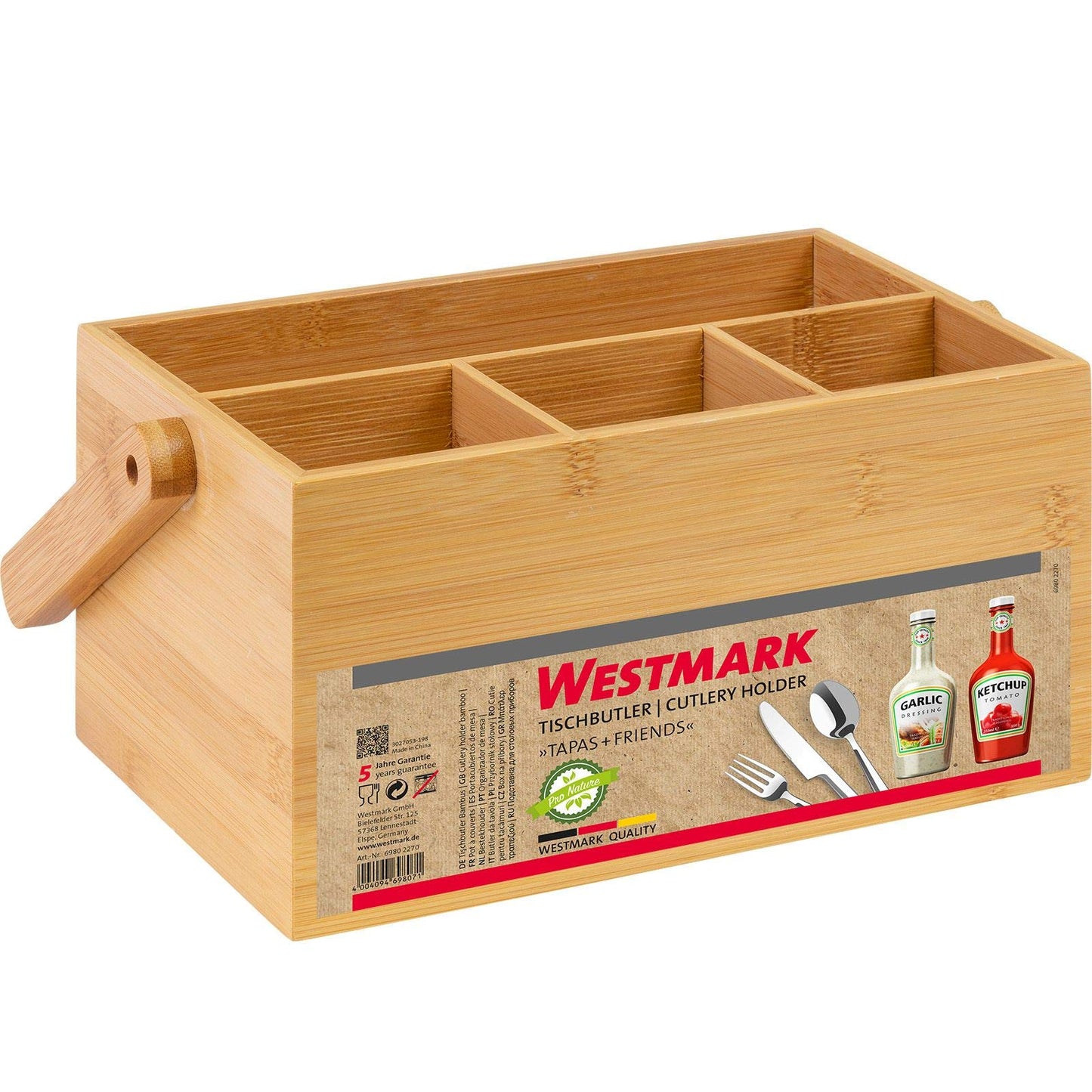 Westmark Küchen-Organizer/Tischbutler, 4 Fächer, mit Tragegriff, Maße: 28 x 15 x 22 cm, Bambus, Tapas + Friends, Hellbraun, 69802270