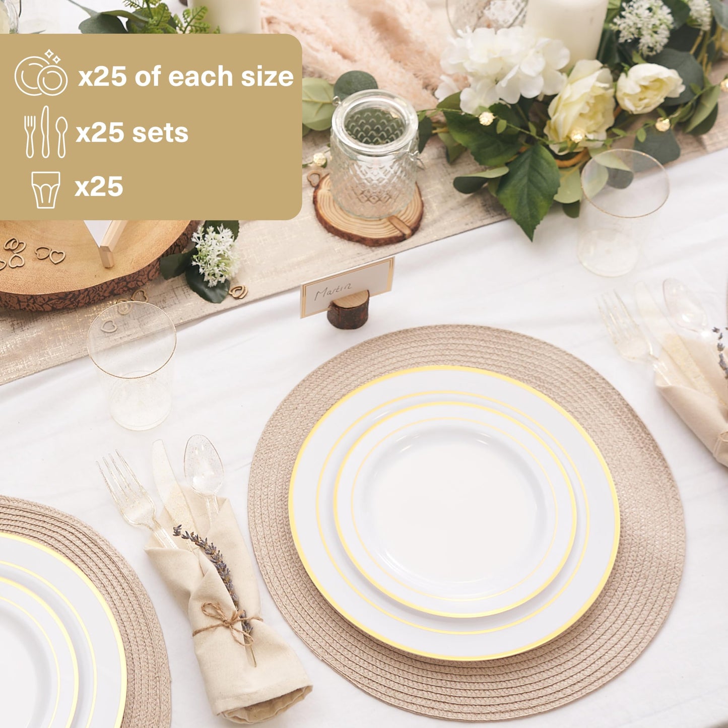 MATANA 150 Stück Mehrweg Partygeschirr Set in Weiß & Gold für 25 Gäste - 25 Plastikteller 25 Dessertteller 25 Löffel 25 Gabeln 25 Messer & 25 Partybecher - Hochzeiten, Geburtstage & Partys