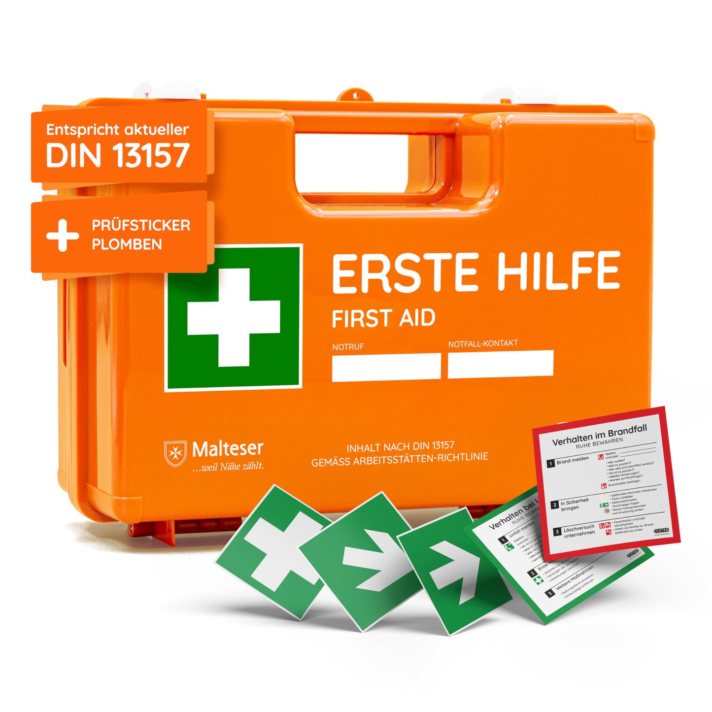 Erste Hilfe Koffer nach neuer DIN 13157:2021 | Gefüllt, inkl. Wandhalterung, 5x Aufkleber, Prüfsticker & 3x Plomben | Erste Hilfe Kasten/Verbandkasten für Betriebe, Unternehmen, Büro & Zuhause