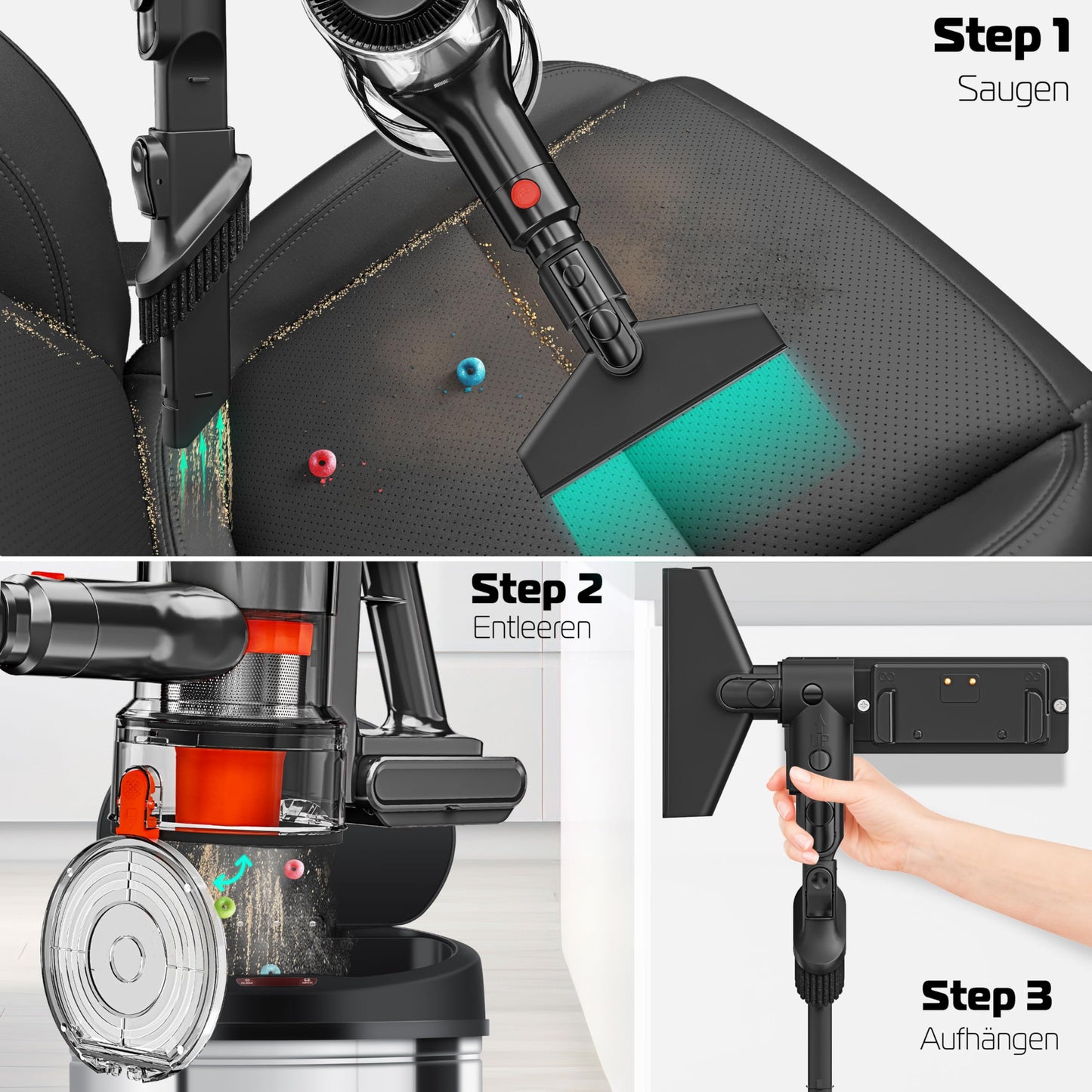 KESSER® Akku-Staubsauger 2in1 | Handstaubsauger ohne Beutel mit HEPA-Filter | Akkusauger bis 45 Min. Laufzeit + Fugendüse & Staubbürste | LED-Licht XL Staubbehälter für Hartböden Teppich Tierhaare