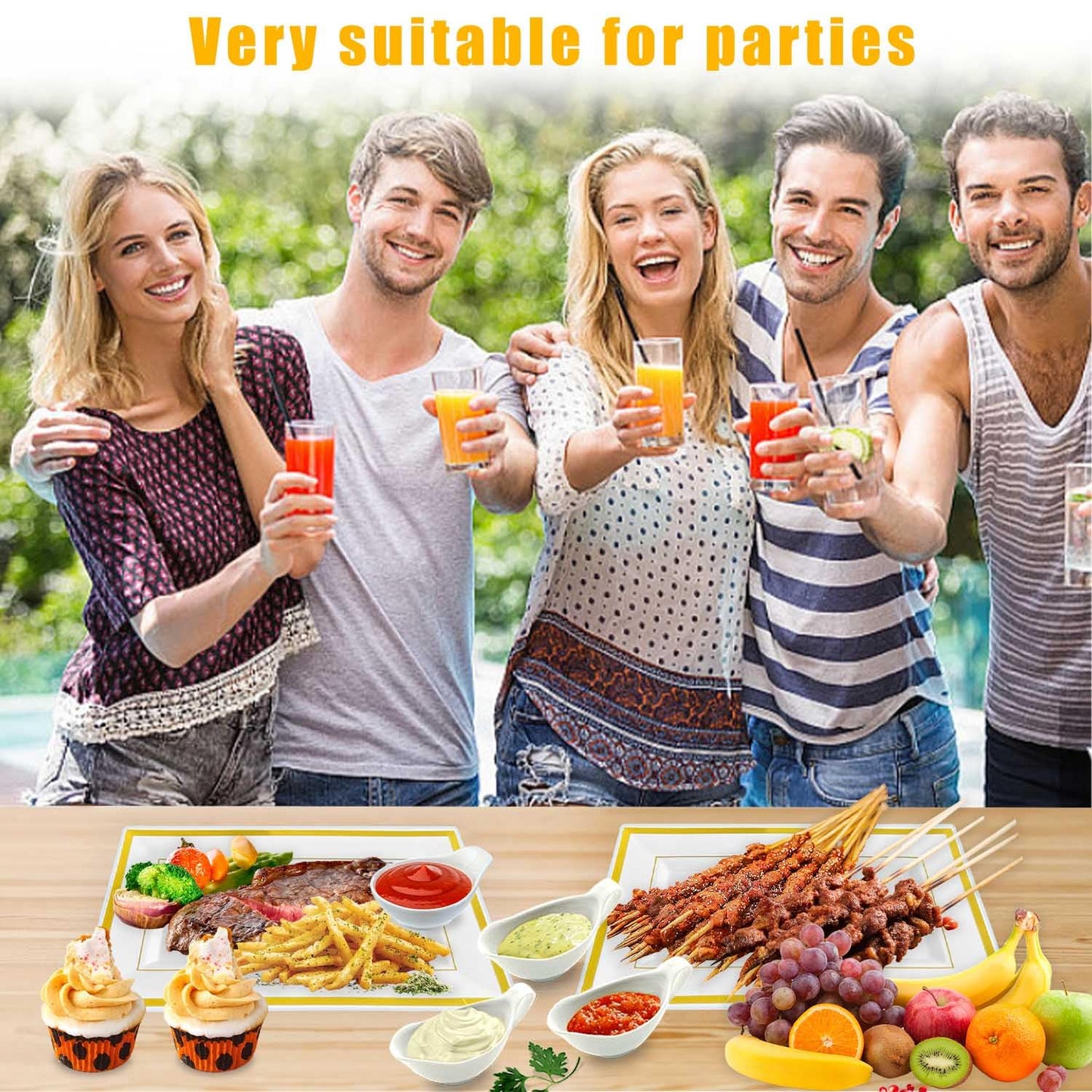 Lovesmile 6 Weiße Plastik Servierplatten, Buffet Platen, 33 * 20 * 1.5CM Servierplatten, Buffet Platen mit Goldrand, Anrichteplatte für Vorspeisen, Fingerfood, Catering, Geburtstage, Hochzeiten