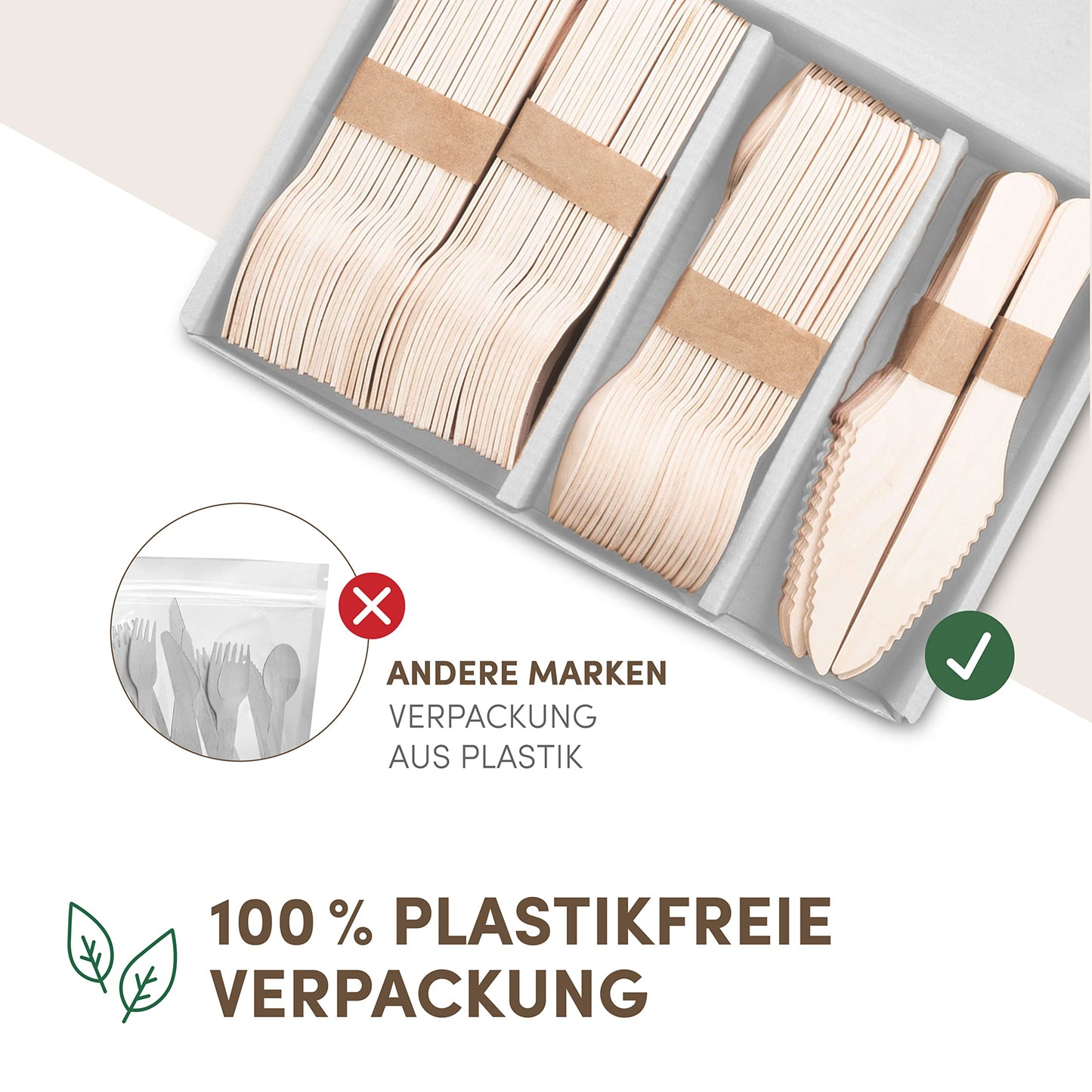 wooq Premium Holzbesteck Set 200-teilig aus Birkenholz (100 Holzgabeln, 50 Holzlöffel, 50 Holzmesser Holz Besteck) Einwegbesteck kompostierbar in wiederverschließbarer Pappbox