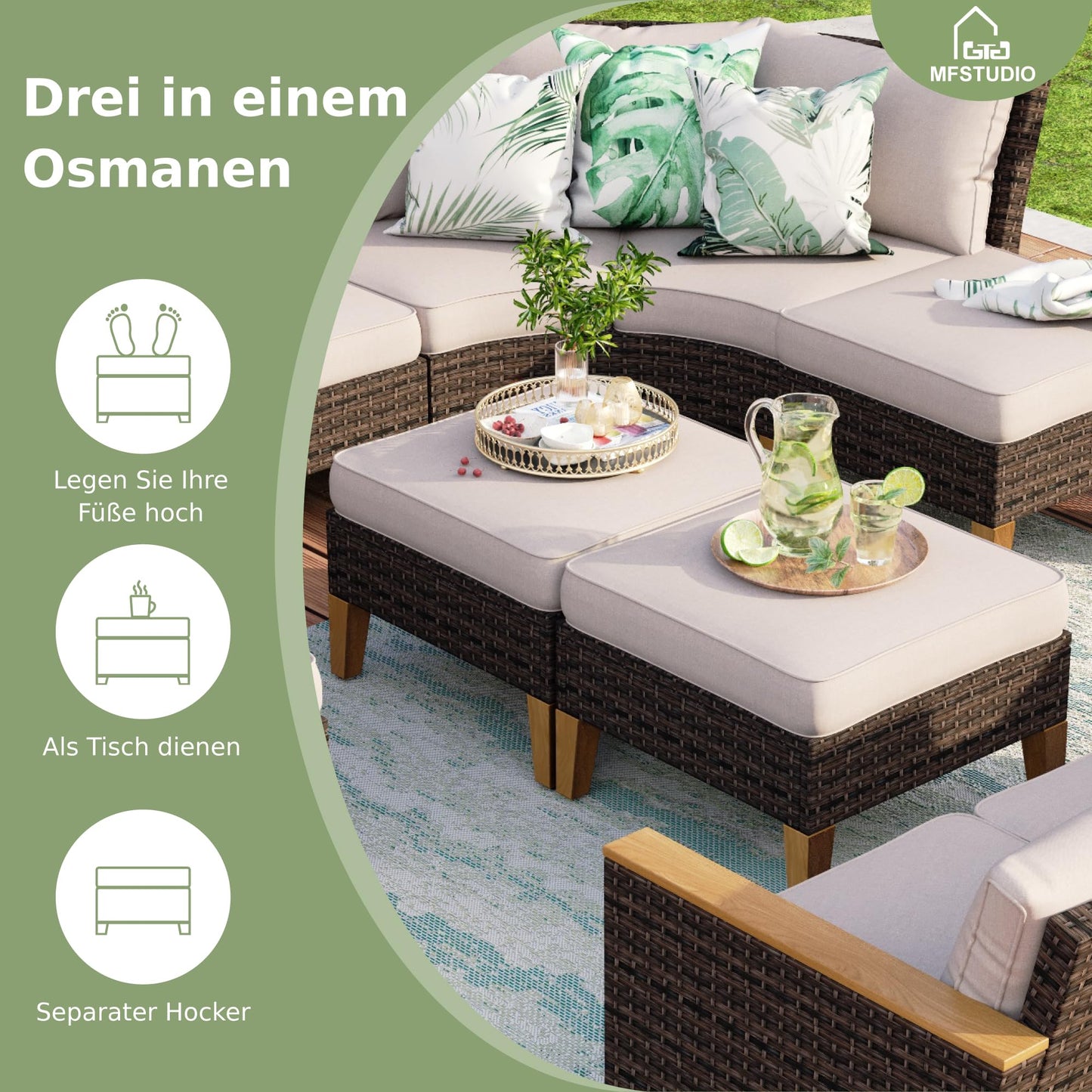 MFSTUDIO Polyrattan Lounge Set, Aktualisierte Rippen, 20% Dicker als Andere, Cushion PRO Fabric Wasserdicht, Leicht zu Reinigen. Gartenmöbel Wetterfest, Sitzgruppe für Garten.