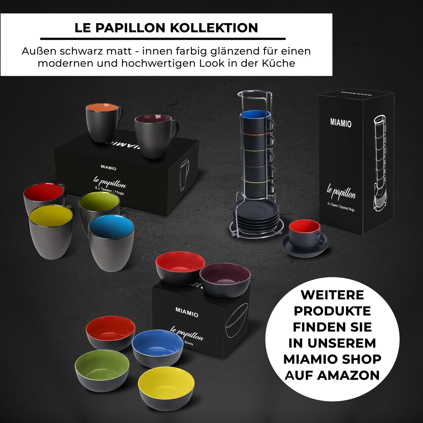 MIAMIO - 6 x 75 ml Espressotassen Set/Espresso Tassen Set mit Untertasse & Ständer - Kaffeetassen Set 6er Kaffeebecher Keramik - Le Papillon Kollektion (Bunt)