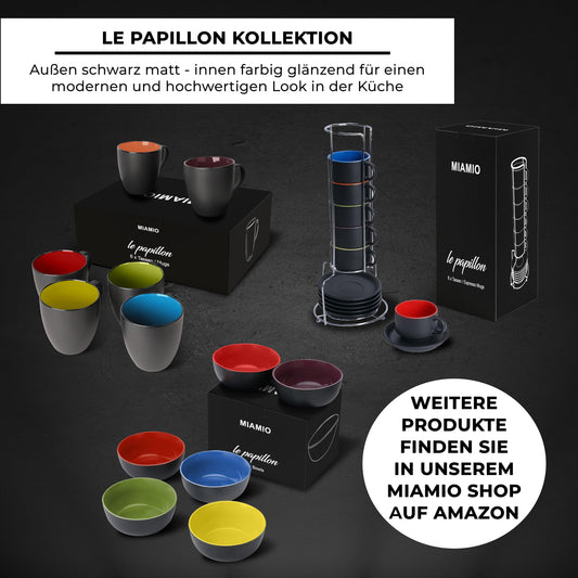 MIAMIO - 6 x 75 ml Espressotassen Set/Espresso Tassen Set mit Untertasse & Ständer - Kaffeetassen Set 6er Kaffeebecher Keramik - Le Papillon Kollektion (Bunt)