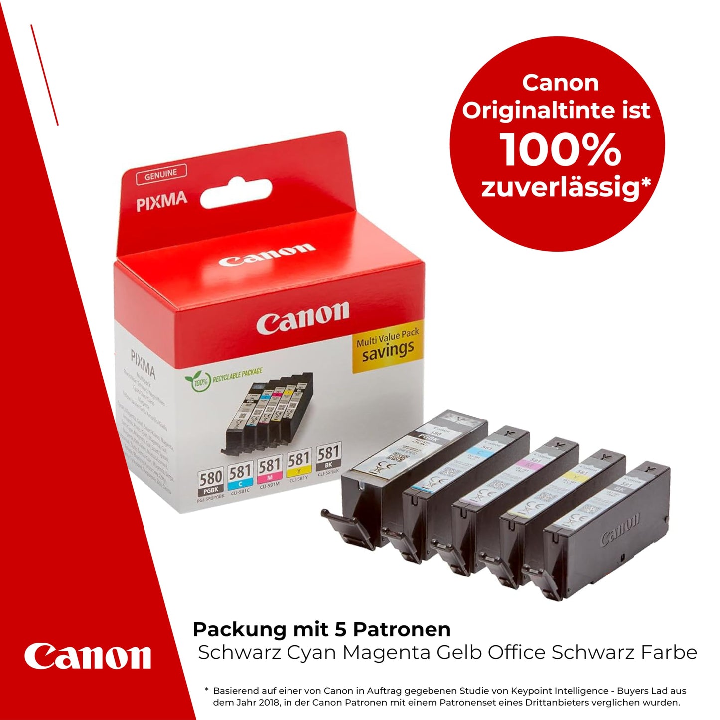 Canon Tinten-Multipack - PGI-580/CLI-581 Original Drucker-Tintenpatronen 5er-Pack (1 x Schwarz, 1 x Cyan, 1 x Magenta, 1 x Gelb & 1 x Schwarz) - Kompatibel mit Canon PIXMA Druckern