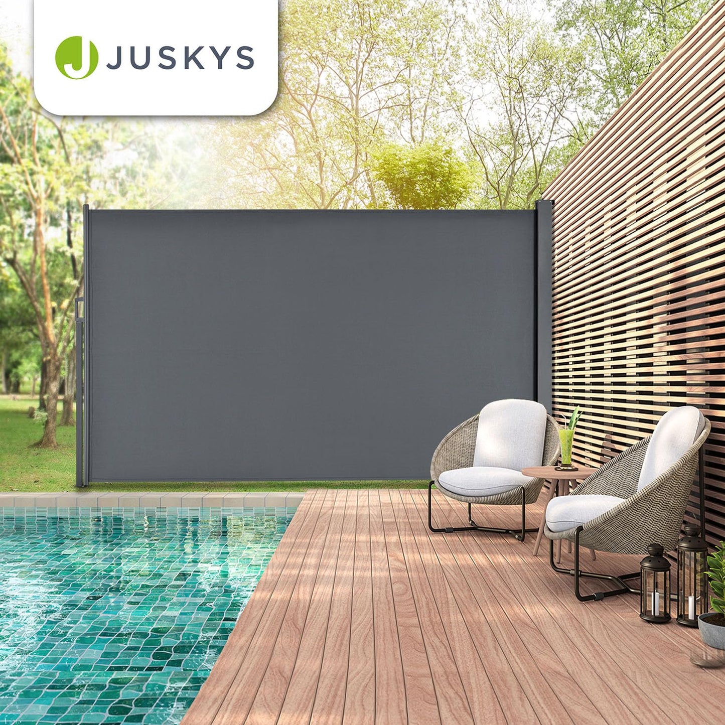 Juskys Seitenmarkise Dubai 200 x 300 cm ausziehbar Blickdicht, Sichtschutz für Balkon & Terrasse, Seitenrollo mit Wandhalterung - grau