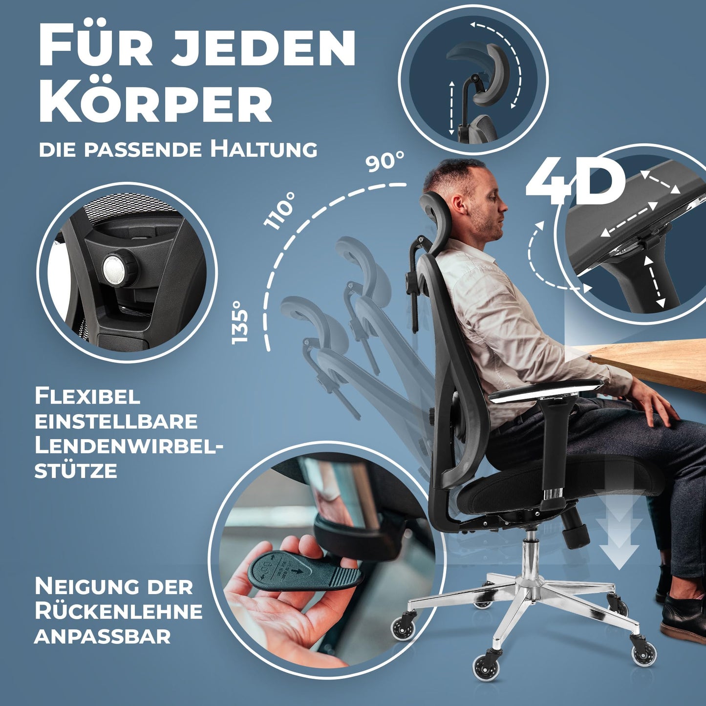 CLOUVOU CleverSeat Bürostuhl Ergonomisch [TESTSIEGER] Schreibtischstuhl 100% individuell einstellbar | Büro Stuhl & Gaming Stuhl | Computerstuhl Home Office Chair Ergonomic | Drehstuhl 150 kg