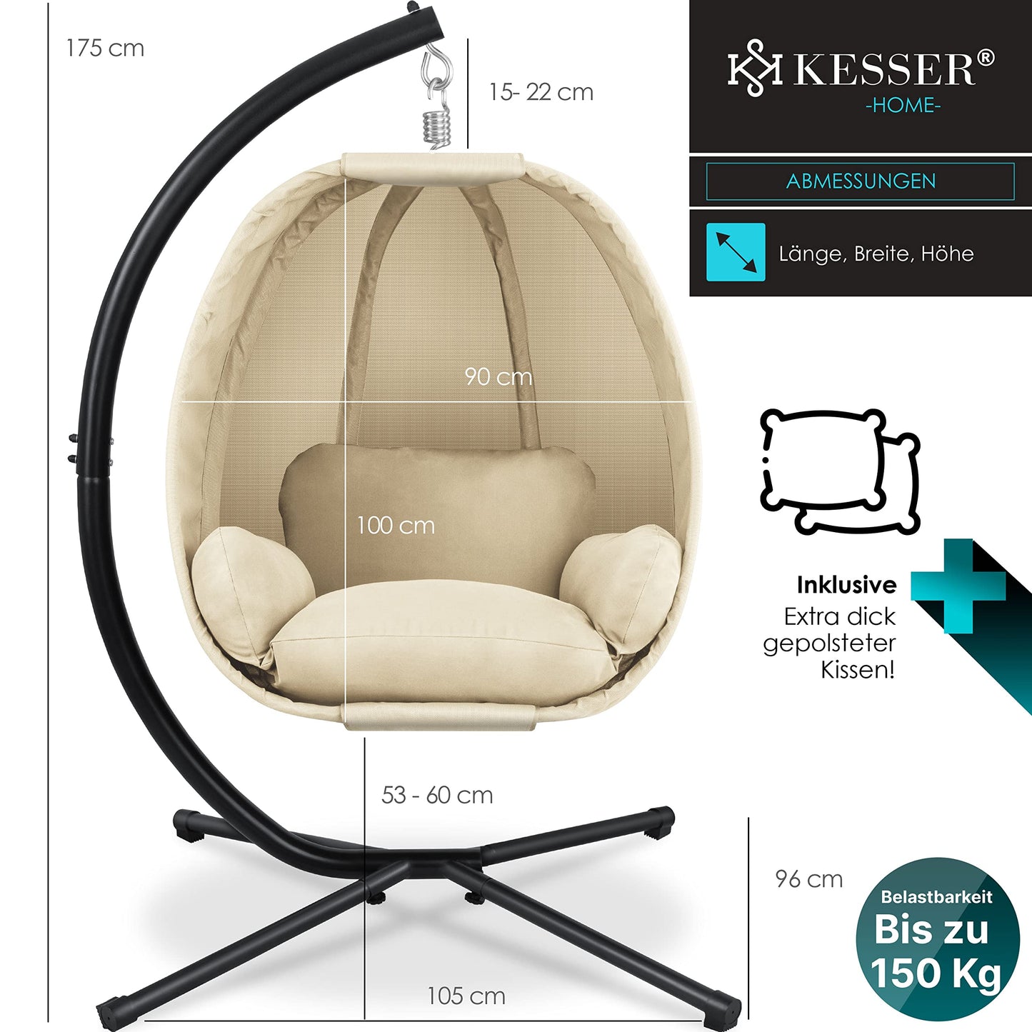 KESSER® Luxe Hängesessel mit Gestell + weicher Sitzkissen, Seitenpolsterung, Sitz- und Rückenkissen Hängekorb Indoor & Outdoor, Garten Schaukel Korb Hängestuhl Stabiler Standfuß, max. 150 kg Beige