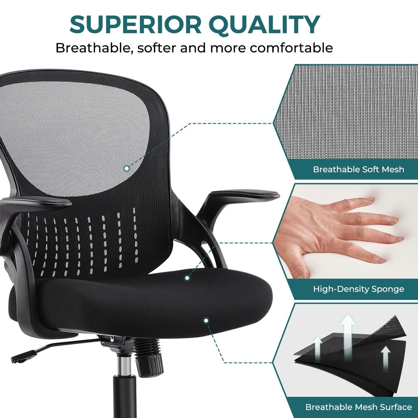 Home Office Stuhl Ergonomischer Schreibtischstuhl Mesh Computerstuhl Moderner Höhenverstellbarer Drehstuhl mit Lendenwirbelstütze/Klapparmlehnen, Schwarz