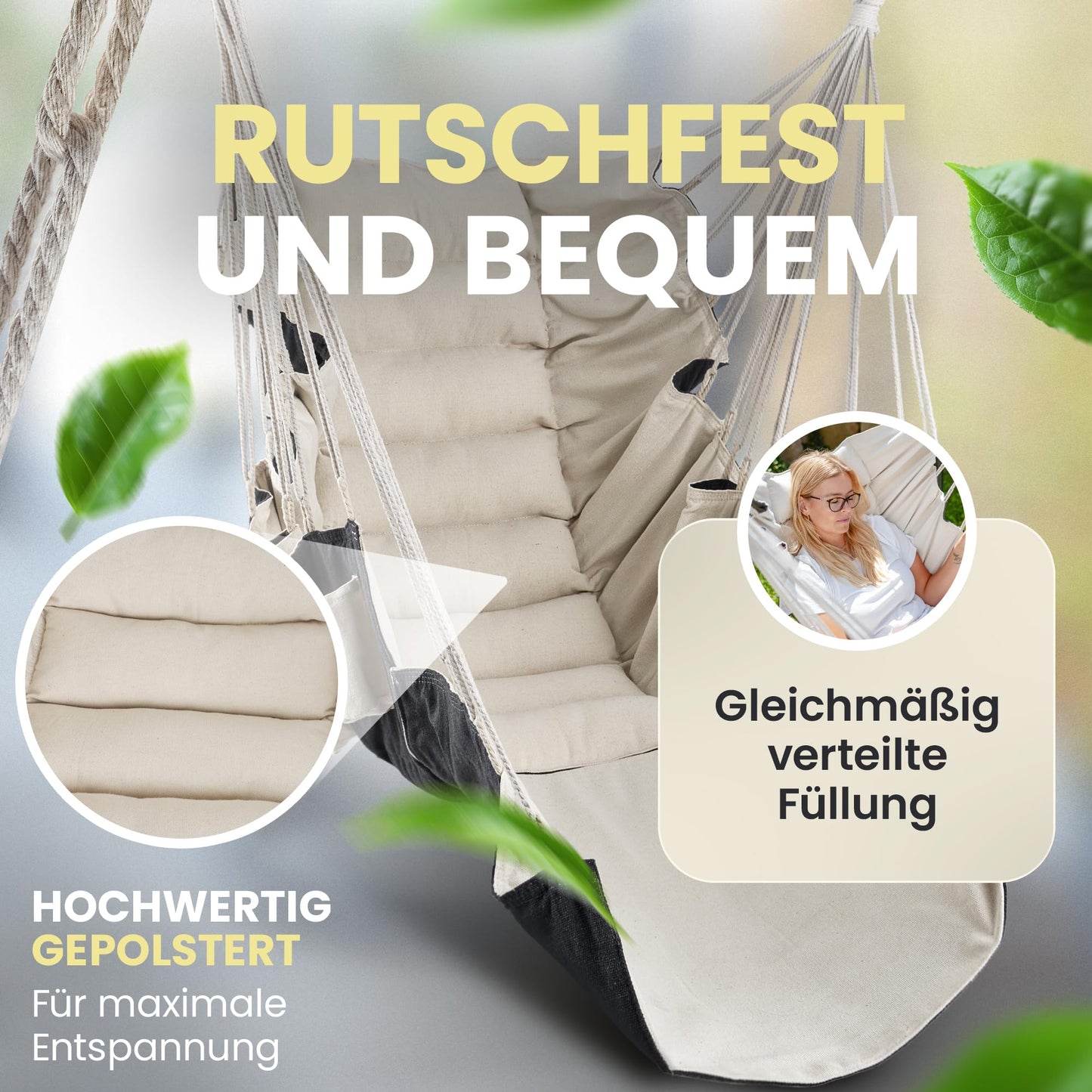 Rexo Hängesessel [Outdoor & Indoor] 120 Kg- Hängeschaukel, Hängestuhl XXL, Hängesitz, Hänge Sessel-Schaukel | Sitz-Hängematte für Balkon, Wohnzimmer, Garten, Deckenhöhe bis 3,1 Meter | Hanging Chair